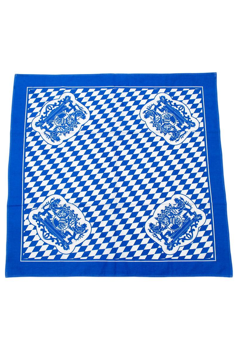 Tischdecke mit weiß-blauem Rautenmuster in Stoffoptik, Teil der Oktoberfest-Box mit Krug und Accessoires.