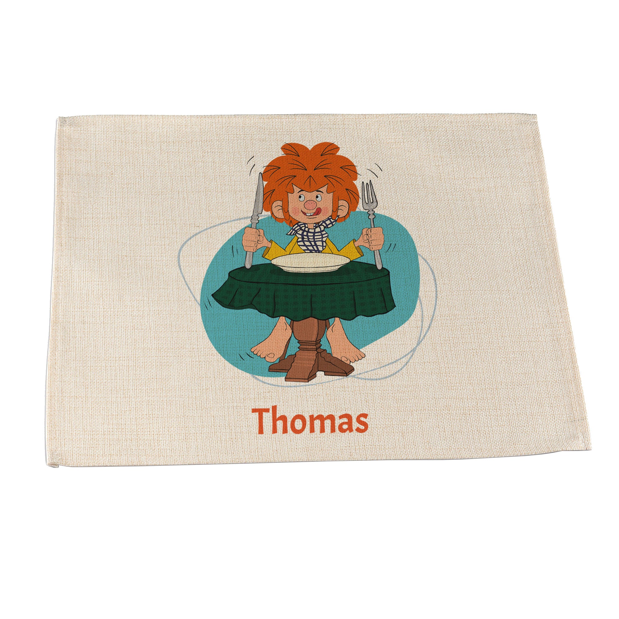 Abwaschbares Pumuckl-Tischset aus Jute-Imitat mit Wunschname, rechteckig, bedruckt mit Motiv und Schriftzug.