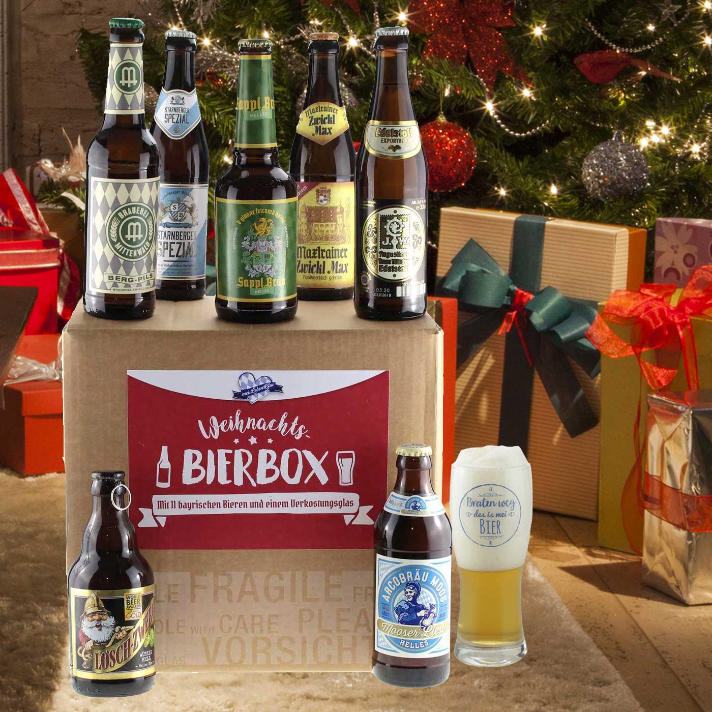 Probierset mit 11 bayerischen Bierspezialitäten und Verkostungsglas mit schwarzem „Bratzn weg“-Schriftzug.