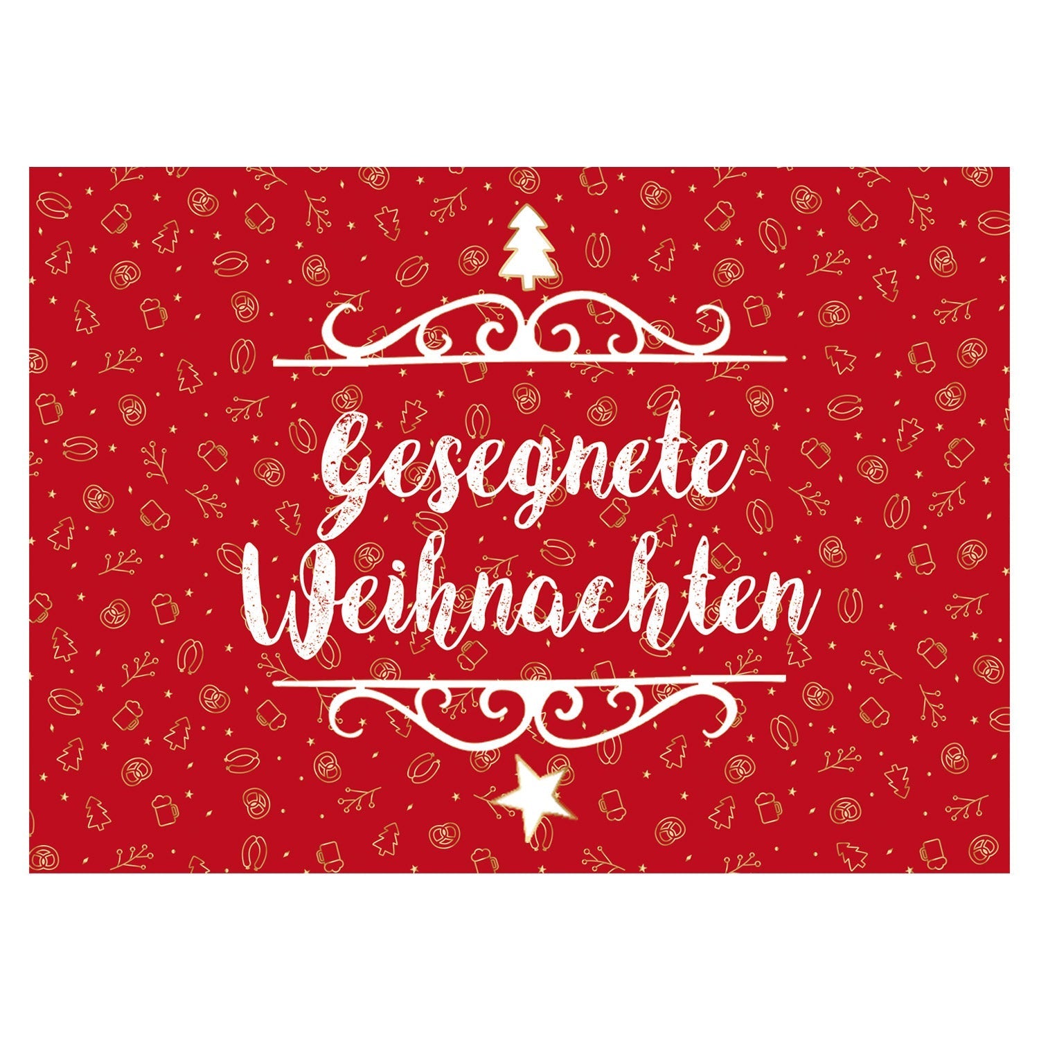 Klappkarte mit bayerischem Schriftzug „Gesegnete Weihnachten“ auf Motiv mit winterlichem Dekor; 14,8 x 10,5 cm.