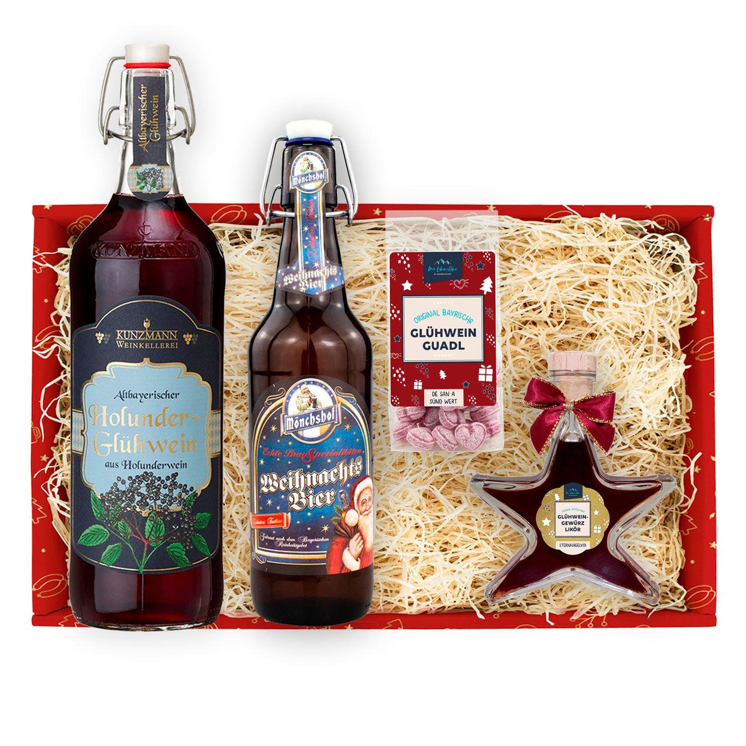 Weihnachtsbox mit Flasche Holunder-Glühwein, Glühweingewürz-Likör, Weihnachtsbier und Trinkglas, 4-teilig.