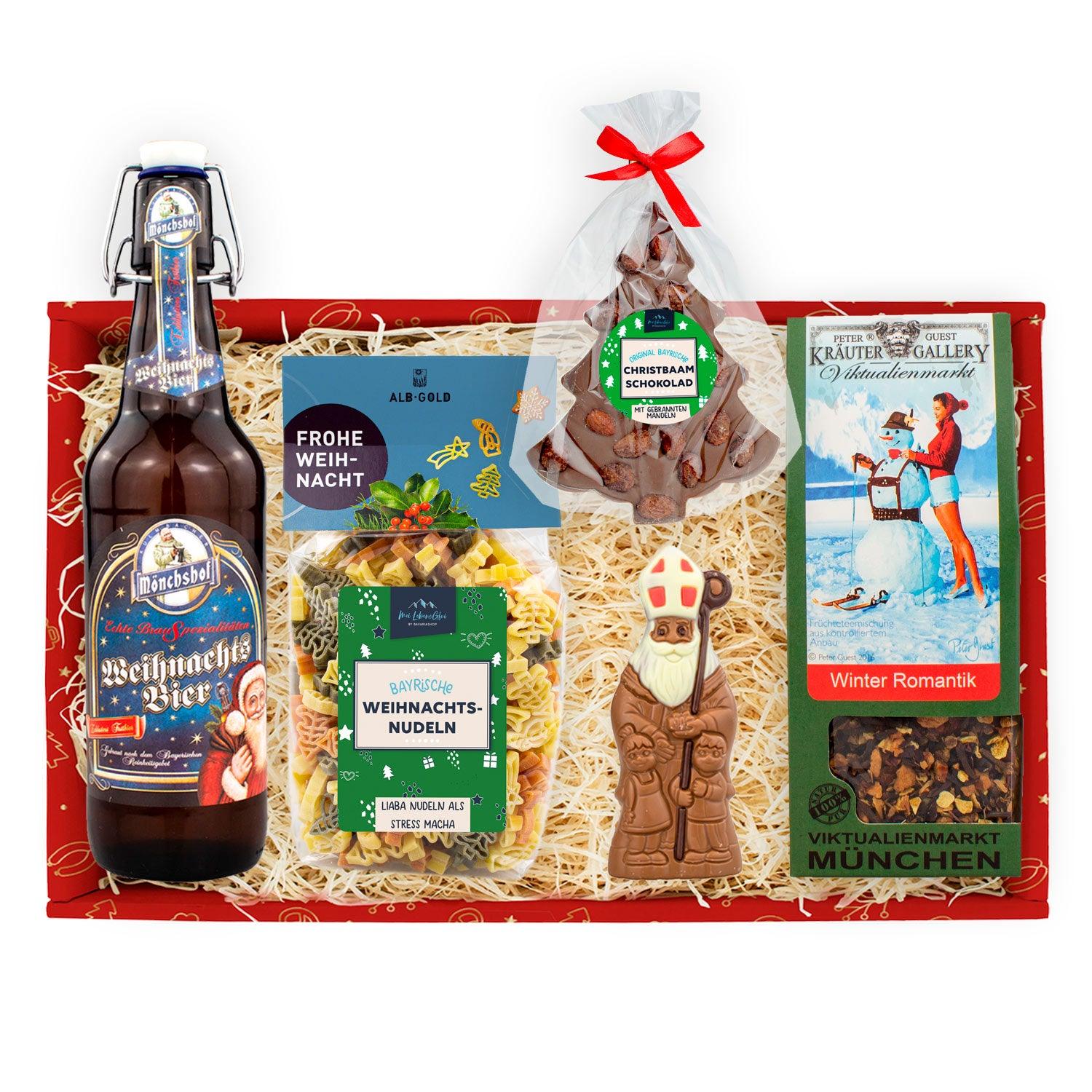 Weihnachtsbox mit bayerischem Weihnachtsbier, Wintertee, Schoko-Nikolaus und Lebkuchen in Geschenkverpackung