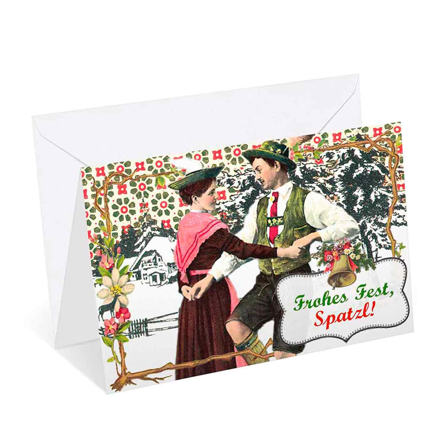 Klappkarte mit goldenem Glitter-Schriftzug „Frohes Fest, Spatzl!“, rotem Herz und weißem Kuvert, ca. 12 x 17,5 cm.