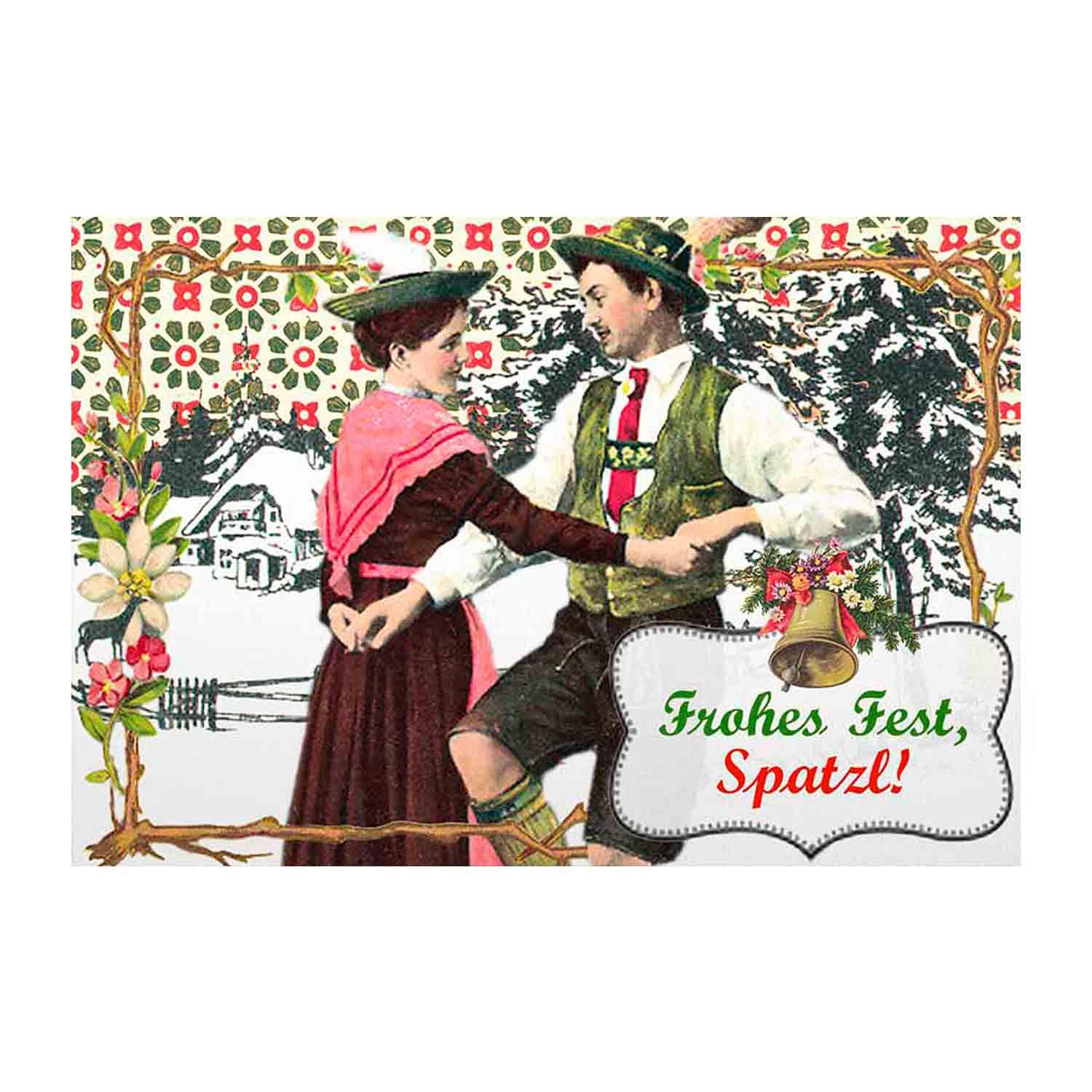 Doppelkarte mit rotem Herz- und Hirschmotiv, Schriftzug „Frohes Fest, Spatzl!“, veredelt mit Glitter, inkl. weißem Kuvert, 12 × 17,5 cm.