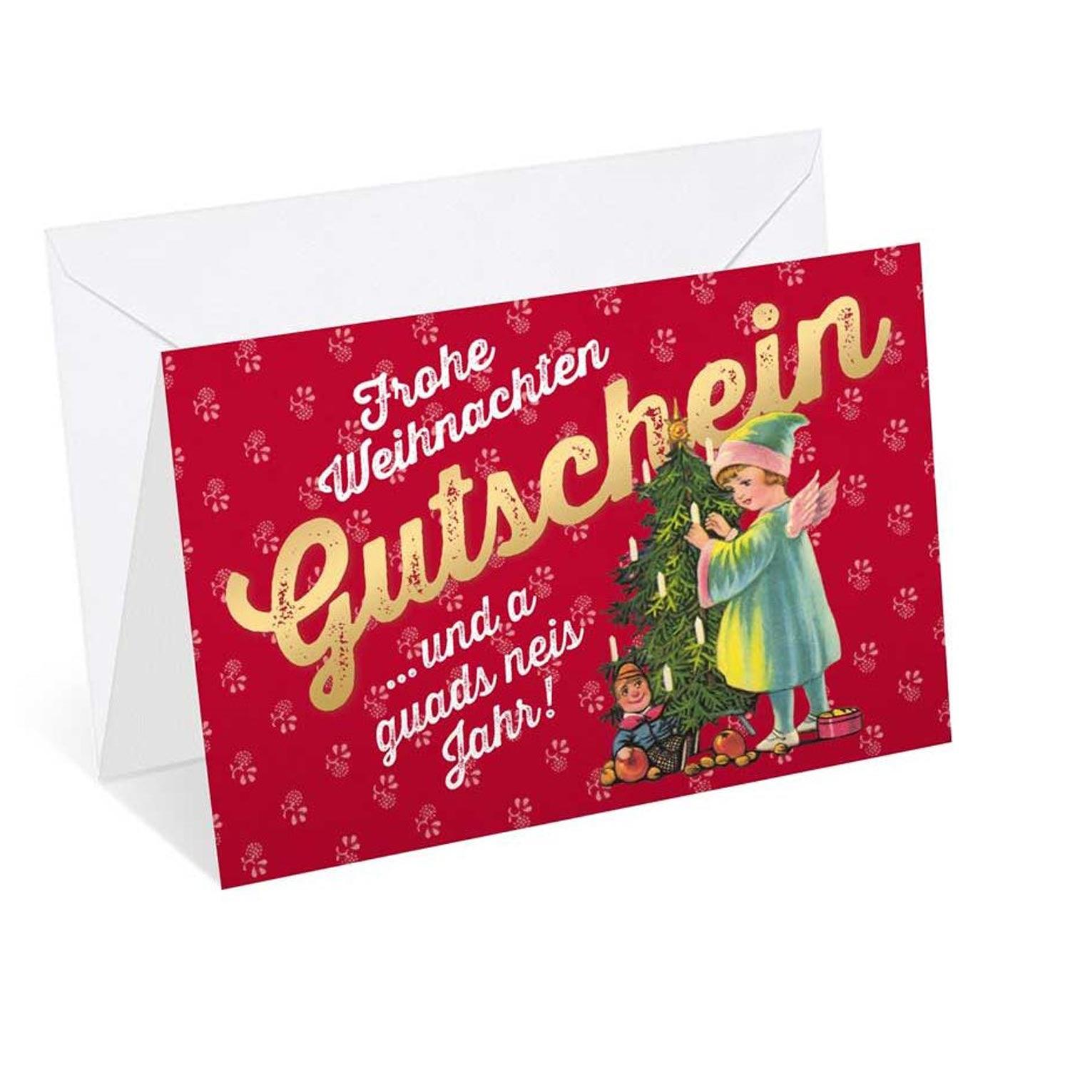 Hochwertige Weihnachts-Doppelkarte mit Glitter, sichtbarem Schriftzug „Gutschein“ und weißem Kuvert, 12 × 17,5 cm.