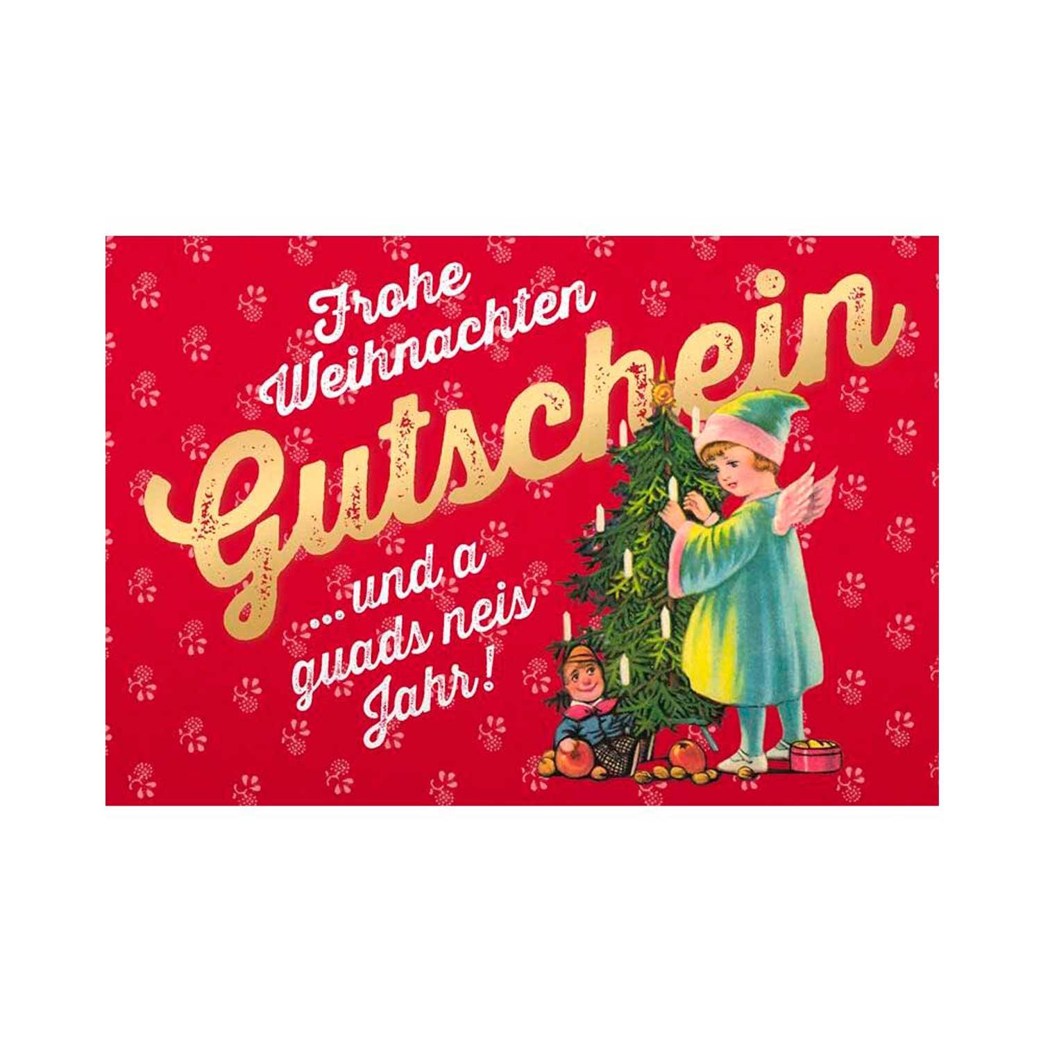 Glitterveredelte Weihnachts-Doppelkarte mit rotem Schriftzug „Gutschein“, inklusive weißem Kuvert, Format 12 x 17,5 cm.