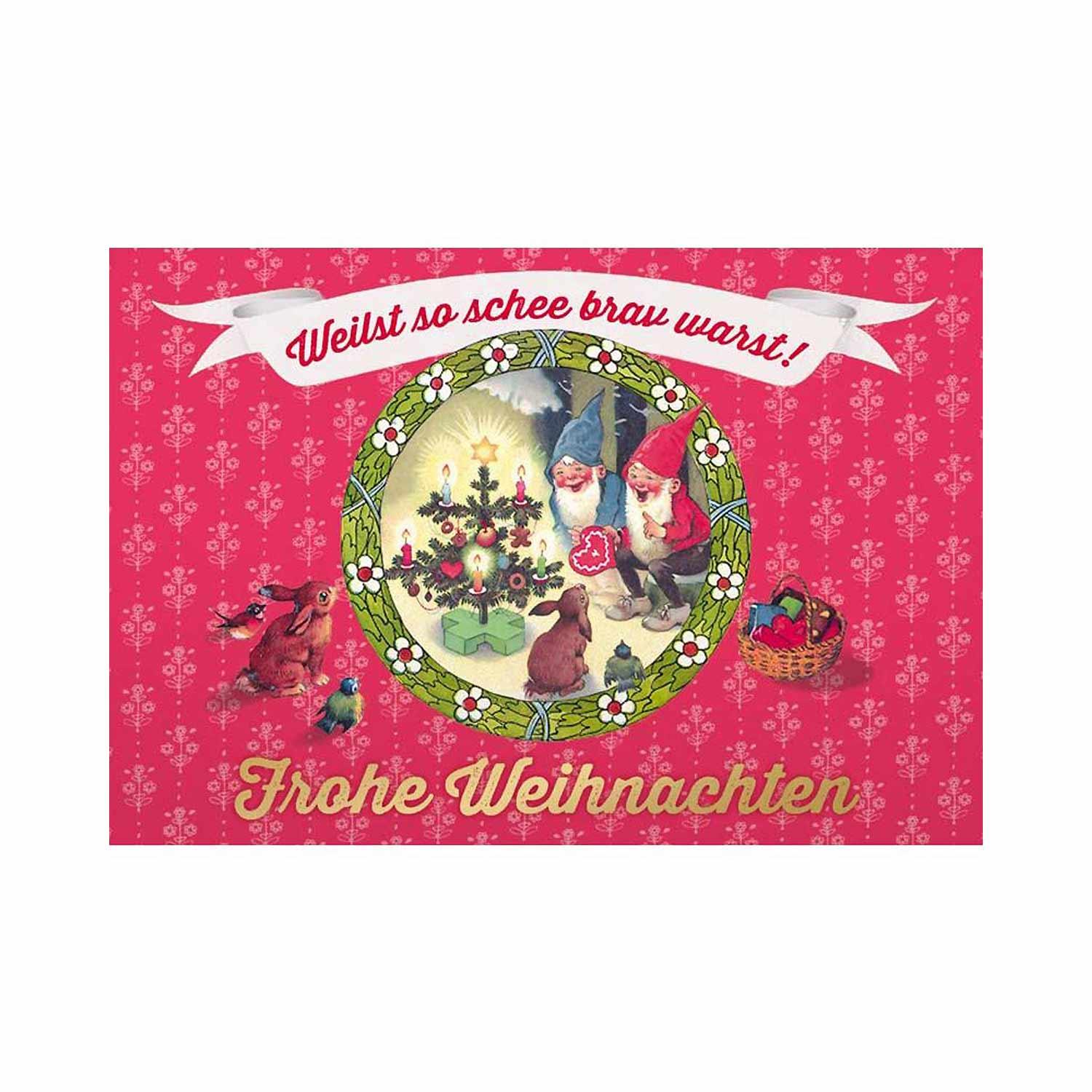 Hochwertige Weihnachts-Doppelkarte mit bayerischem Spruch, Glitzer-Details und weißem Kuvert, 12 x 17,5 cm.