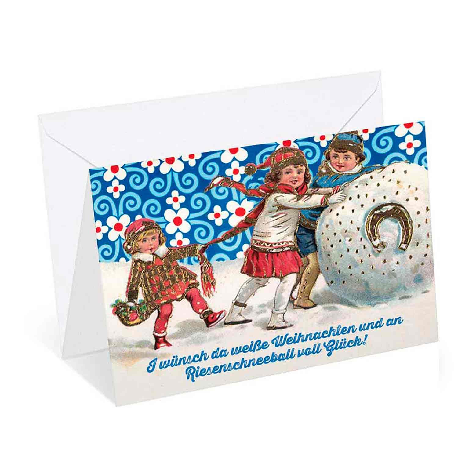 Boarische Weihnachtskarte mit rot-weißem Motiv, Tannenbaum und Glitter-Details, inkl. weißem Kuvert, 12 × 17,5 cm.
