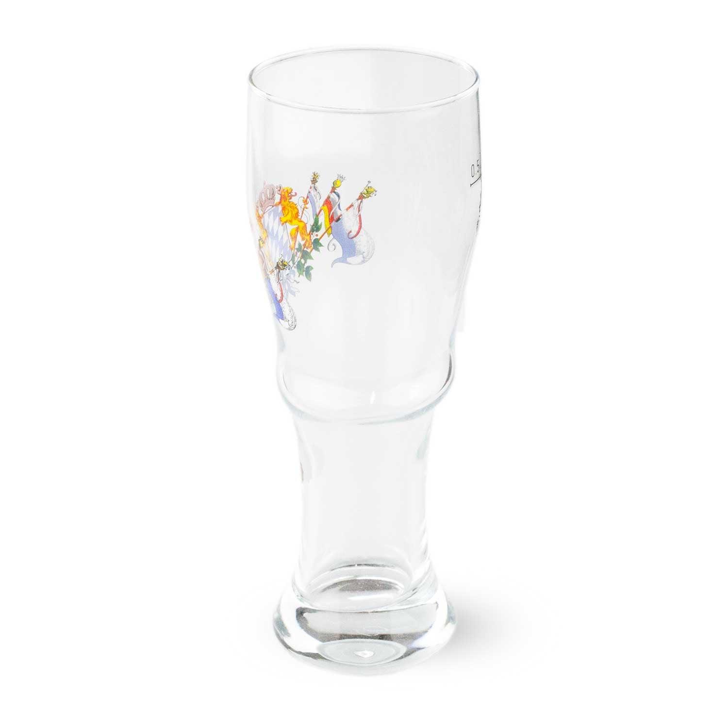 Klares Bierglas mit farbigem historischem Königswappen, Füllstrich, ideal für bayerische Biere.