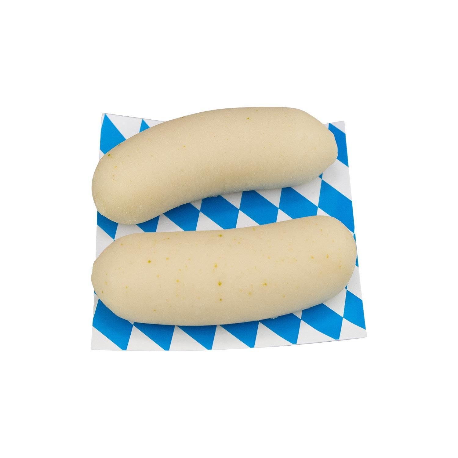 Handgefertigte Marzipan-Spezialität in Weißwurstform, paarweise angerichtet, cremeweiß, je ca. 8 cm lang.