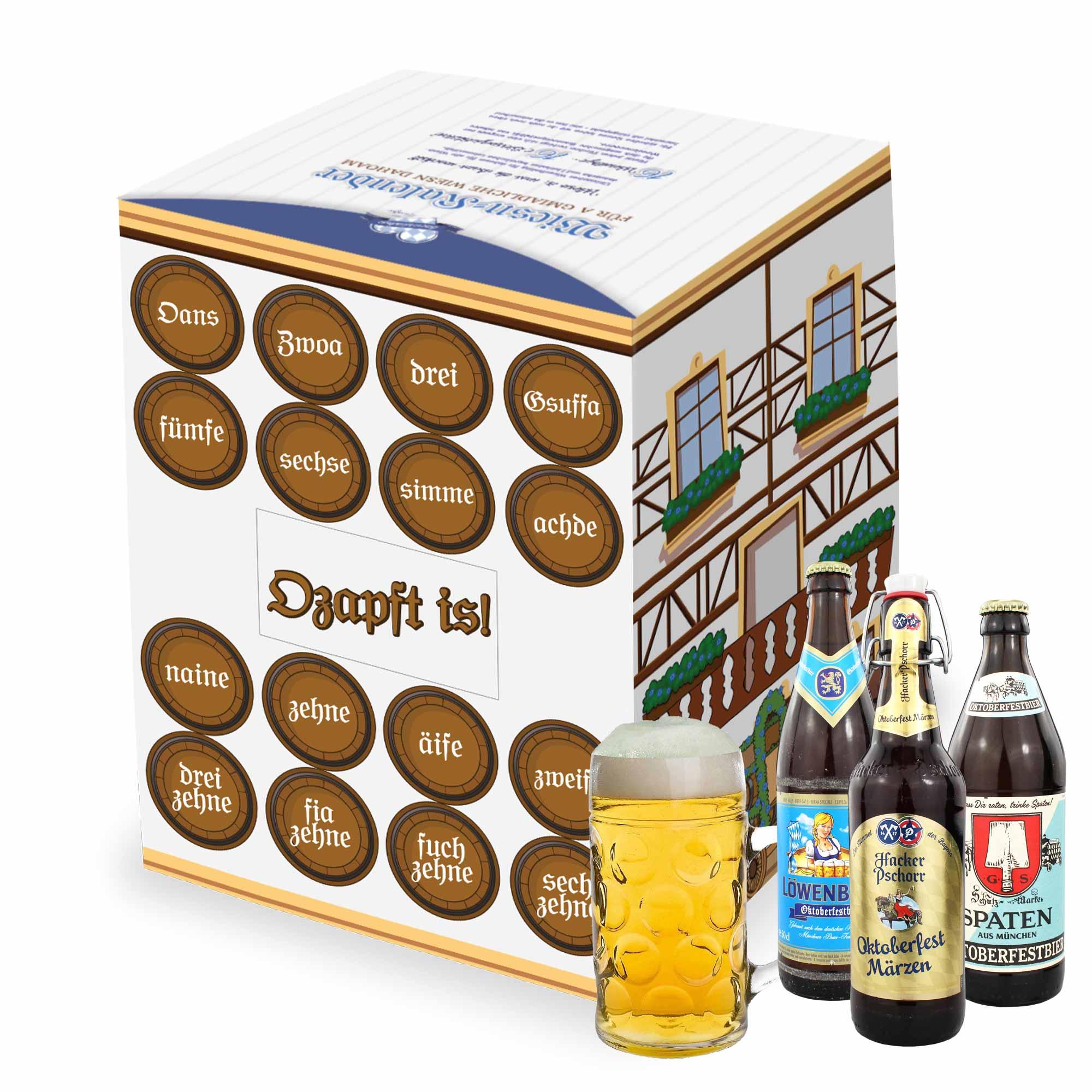 Oktoberfest Bier-Set mit 16 original Wiesn-Bieren à 0,5 l und einem Isarseidel aus Glas, im Geschenkkarton.
