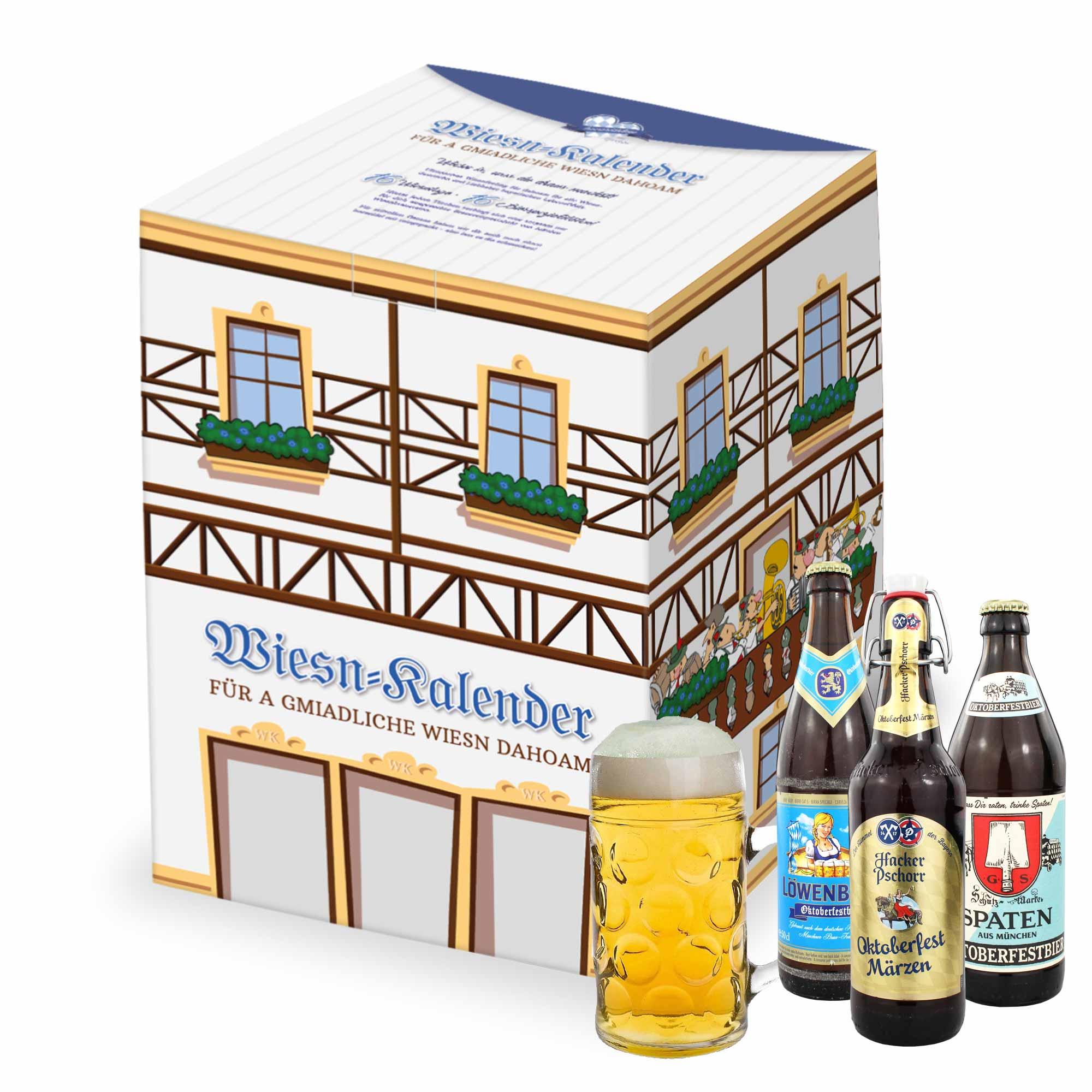Wiesn Bier-Kalender mit 16 verschiedenen Oktoberfest-Bieren und 0,5 l Isarseidel aus Glas im Geschenkkarton.