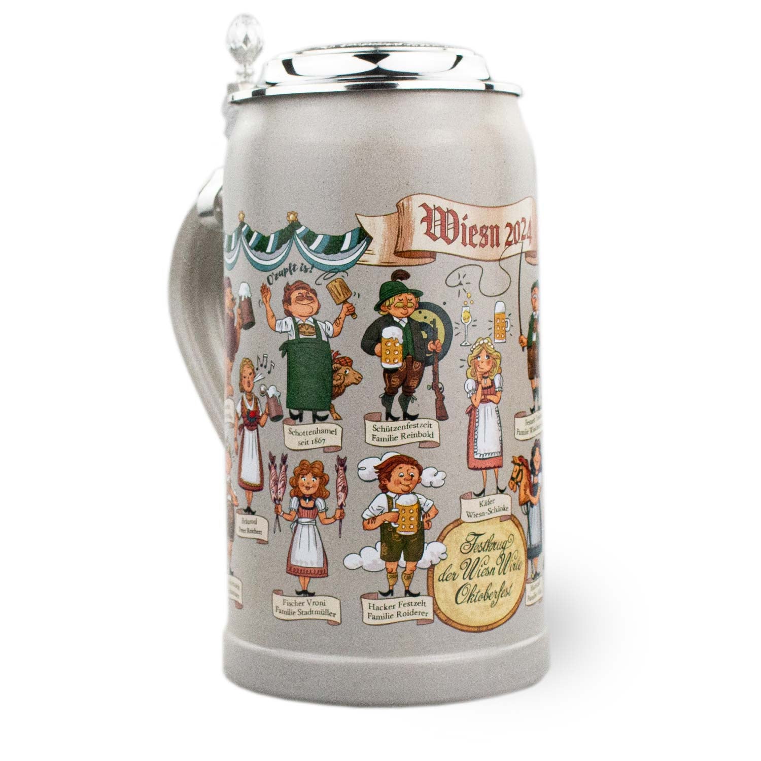 Wiesn Wirtekrug 2024 aus Steingut mit Zinndeckel, farbigem Motiv und Jahreszahl, 1,0 Liter, durchnummeriert.
