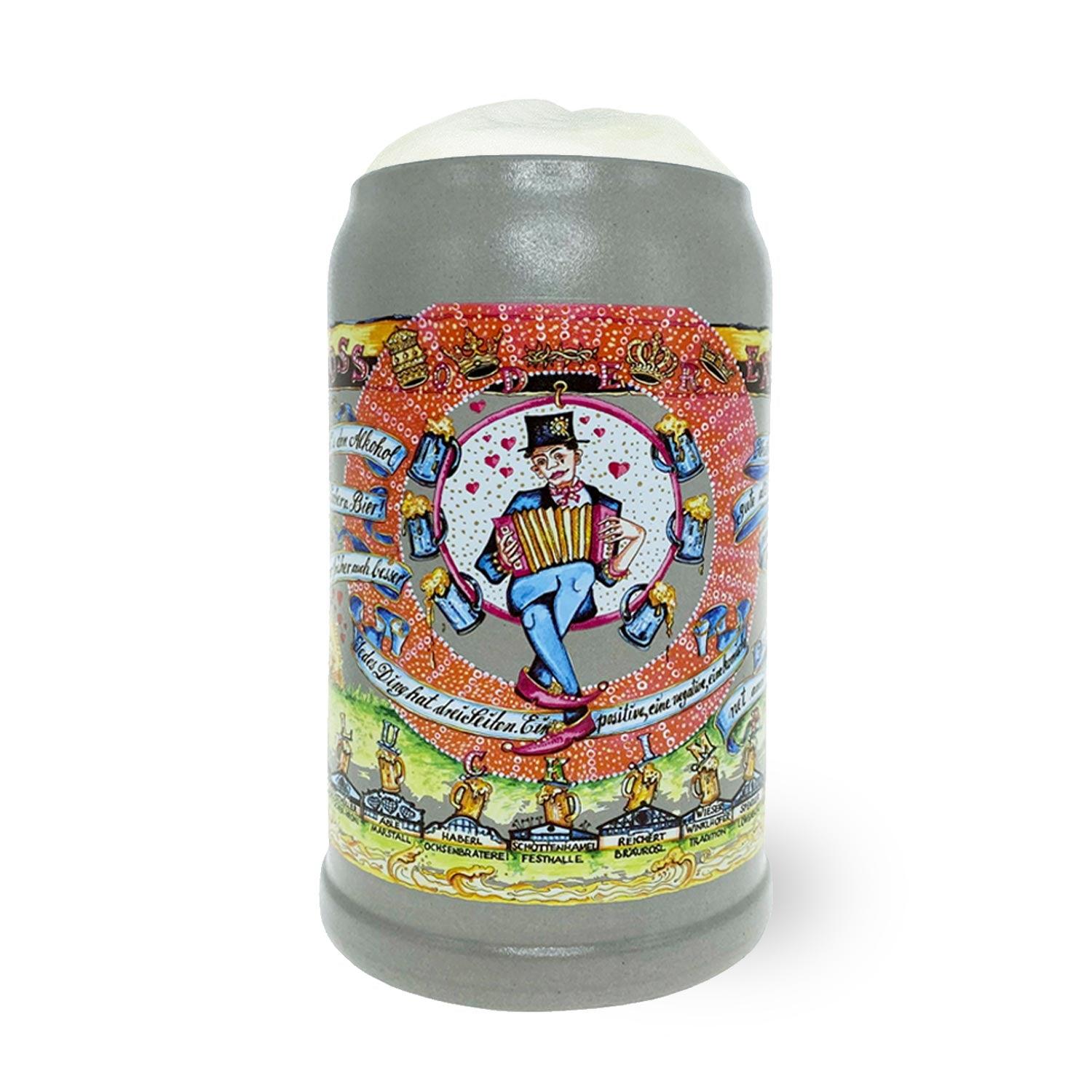 Steinkrug mit farbigem Wiesn-Motiv und Jahreszahl 2020/2021, Zinndeckel, Füllmenge 1,0 Liter.
