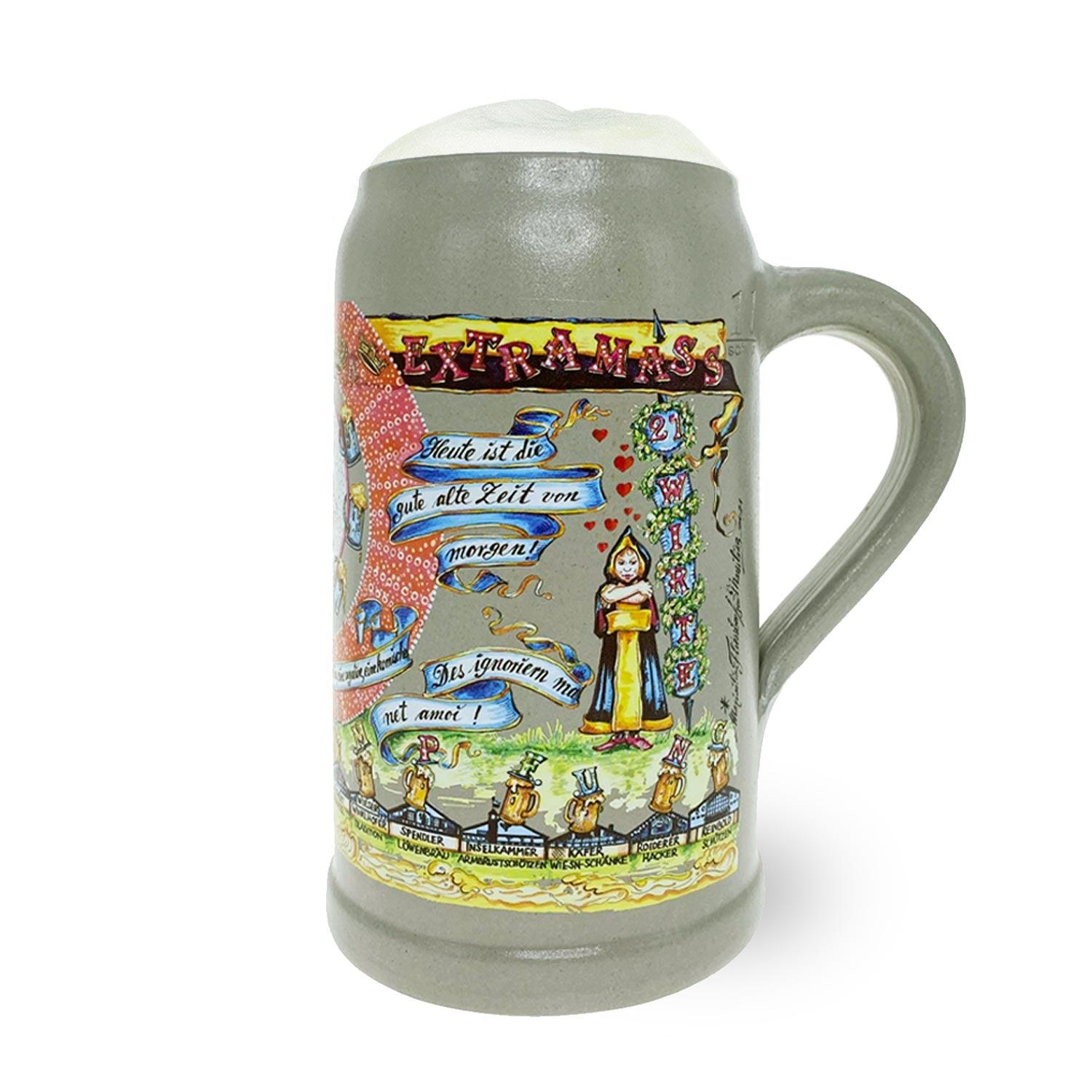 Steinkrug mit farbigem Wiesn-Motiv, Jahreszahlen 2020/2021, Zinndeckel, Füllmenge 1,0 Liter
