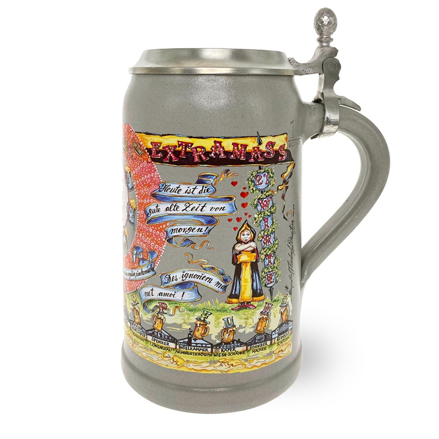 Steinkrug mit Zinndeckel, farbigem Wiesn-Wirte-Motiv und Jahreszahl 2020/2021, Füllmenge 1,0 Liter.