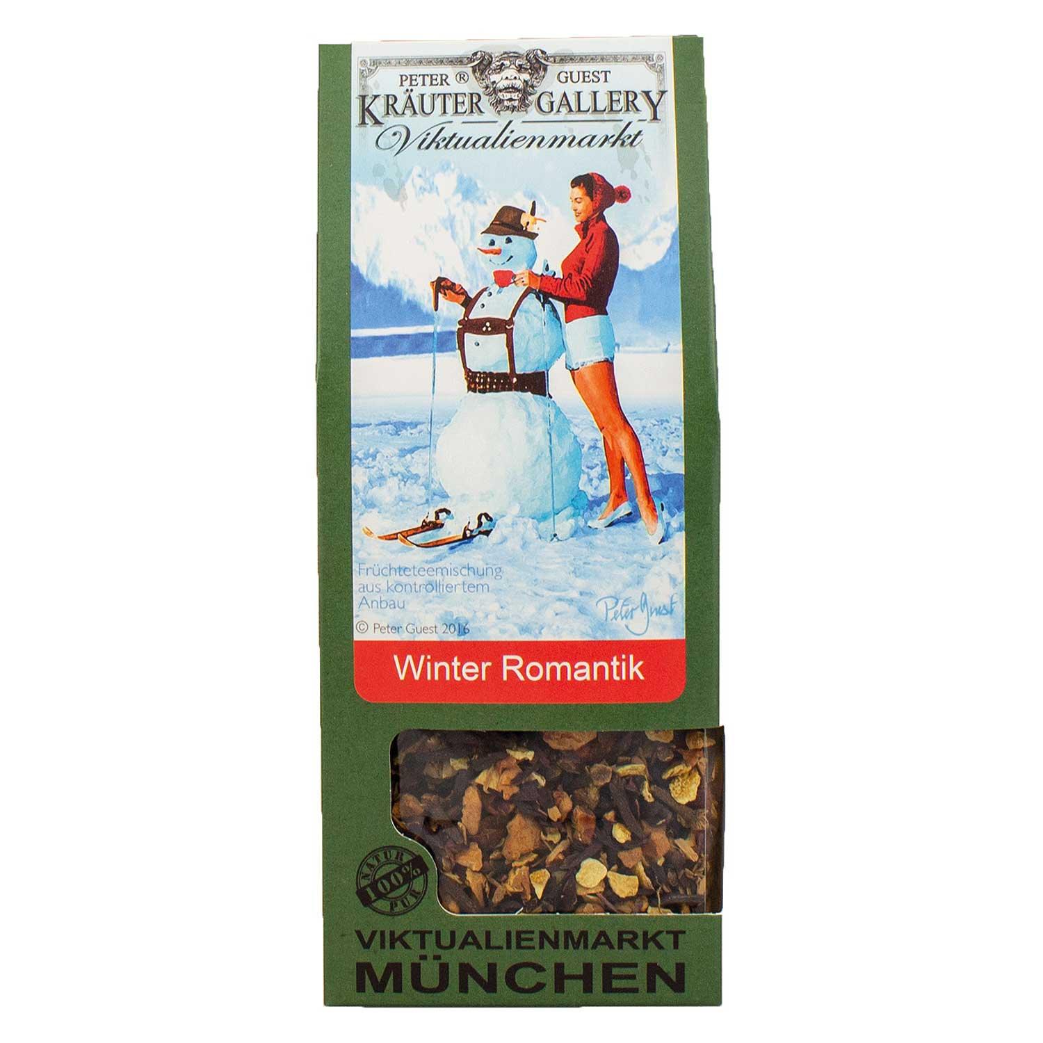 Wintertee Romantik Packung mit Winterszene, Frau und Schneemann, Füllung der Teemischung sichtbar.