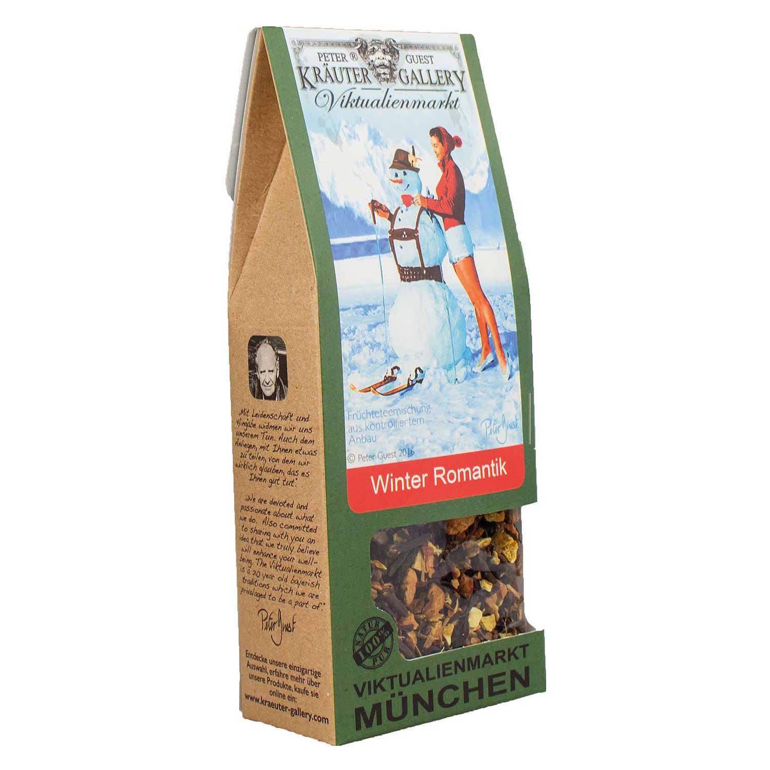 Verpackung des Wintertee Romantik mit wintersportlicher Motivanpassung und sichtbarer Teemischung, ideal für kalte Tage.