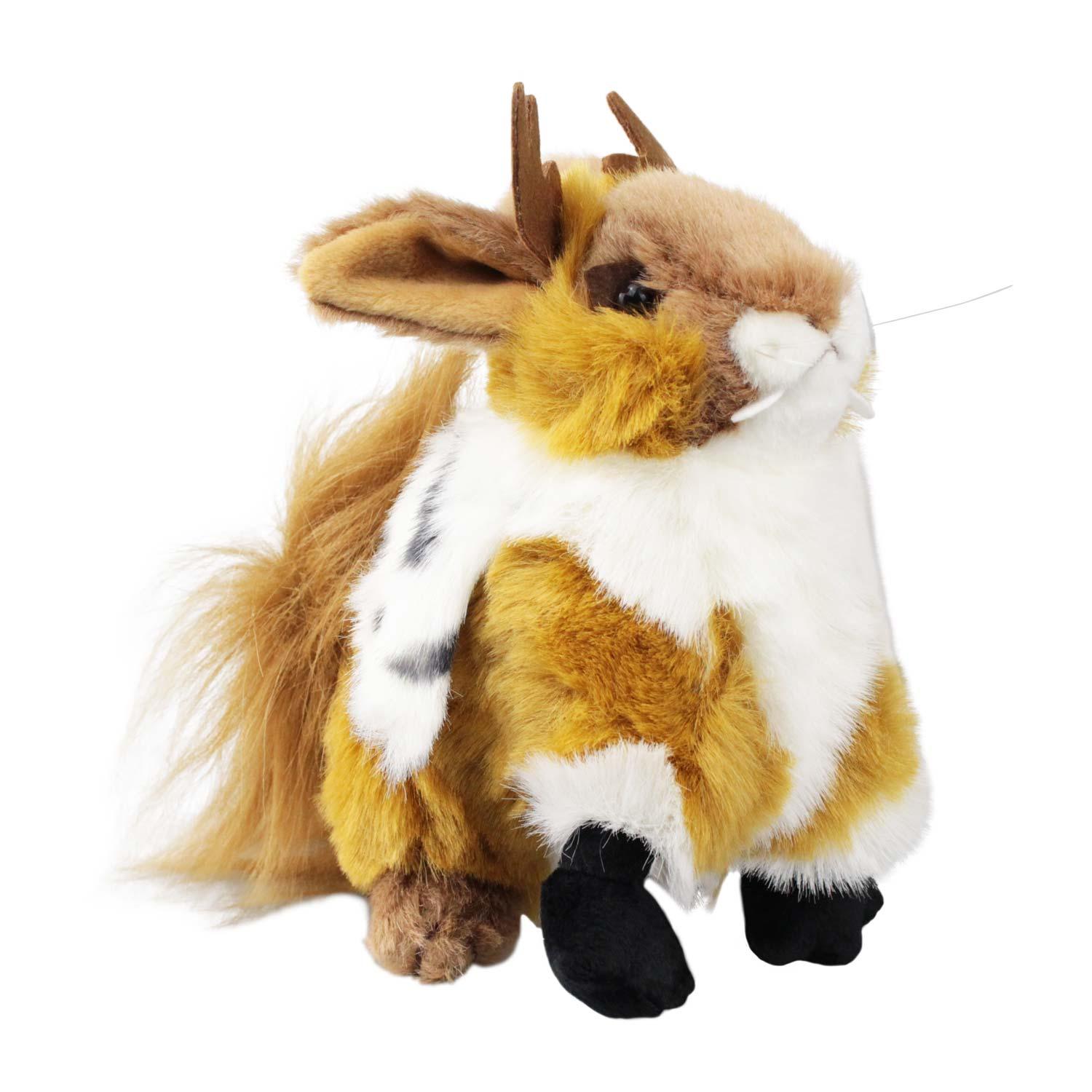 Plüsch-Wolpertinger mit braunem Fell, kleinen Geweihen, langen Hasenohren und Flügeln, ca. 22 cm, handgefertigt.
