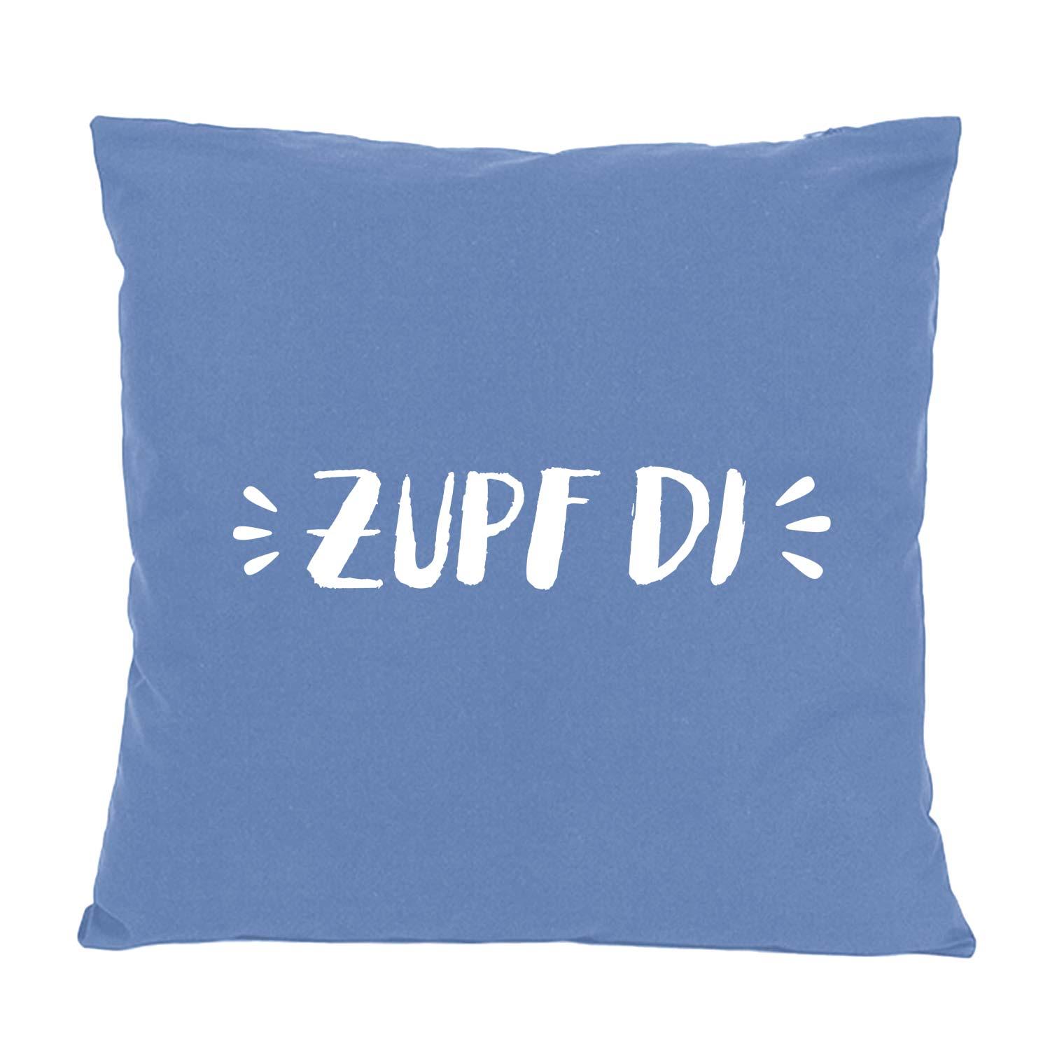 Blaues Kissen Zupf di mit weißem, verspieltem Schriftzug für Sofa oder Stuhl, bequemes Dekokissen