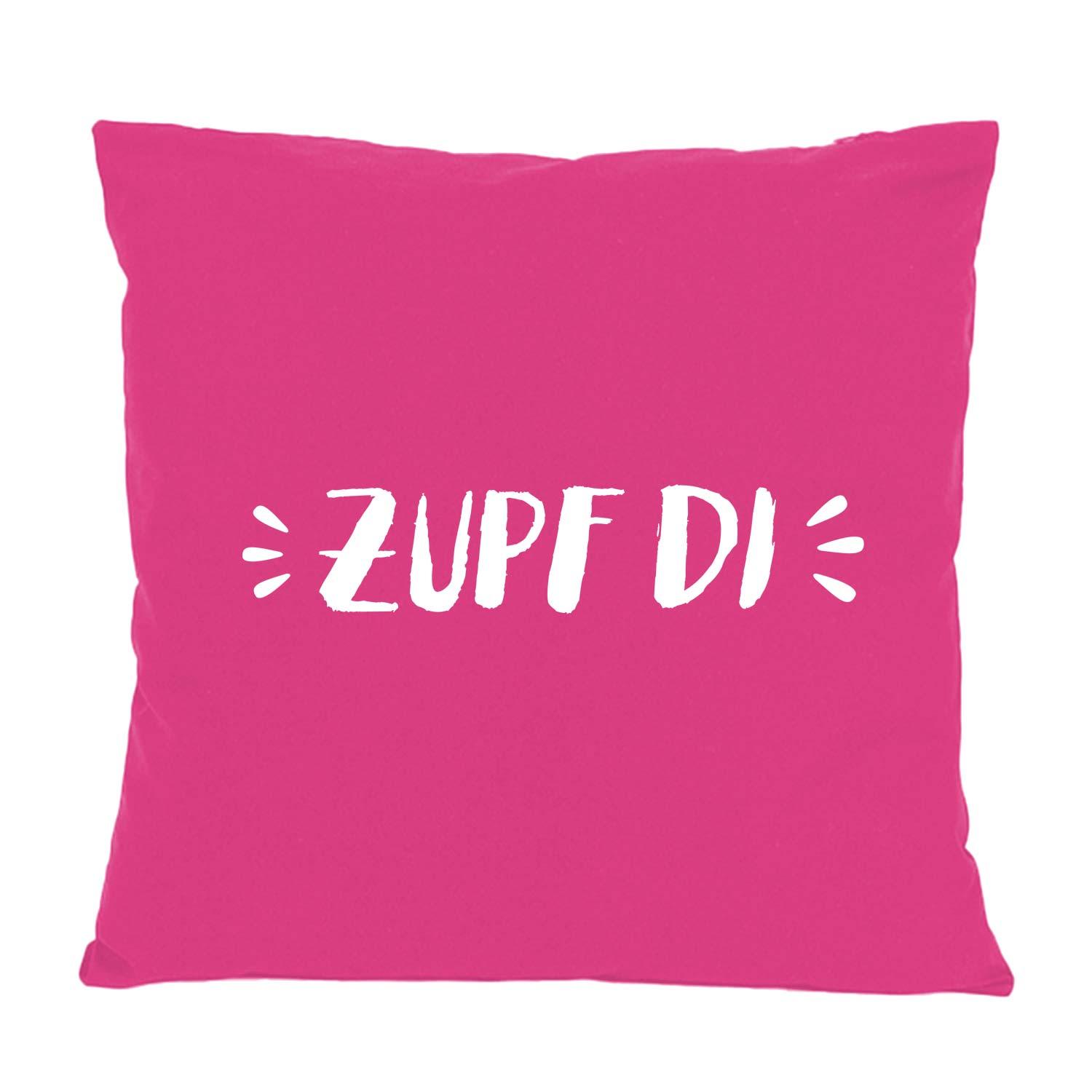 Quadratisches Kissen Zupf di in leuchtendem Pink und weißer Schrift, dekoratives Wohnaccessoire.