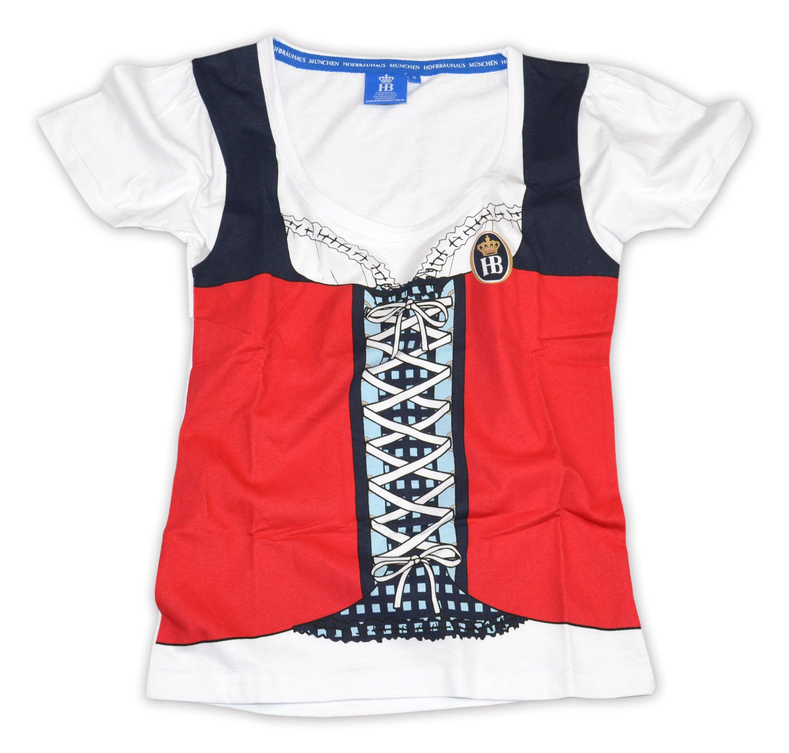 Weißes T-Shirt mit fotorealistischem Dirndl-Aufdruck in Rot und Blau, mit Spitzen- und Schürzendruck; aus Baumwolle.