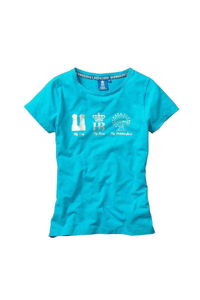 Tailliertes Damenshirt in Türkis mit silbernem "Mein Oktoberfest"-Foliendruck, aus Baumwollmix.