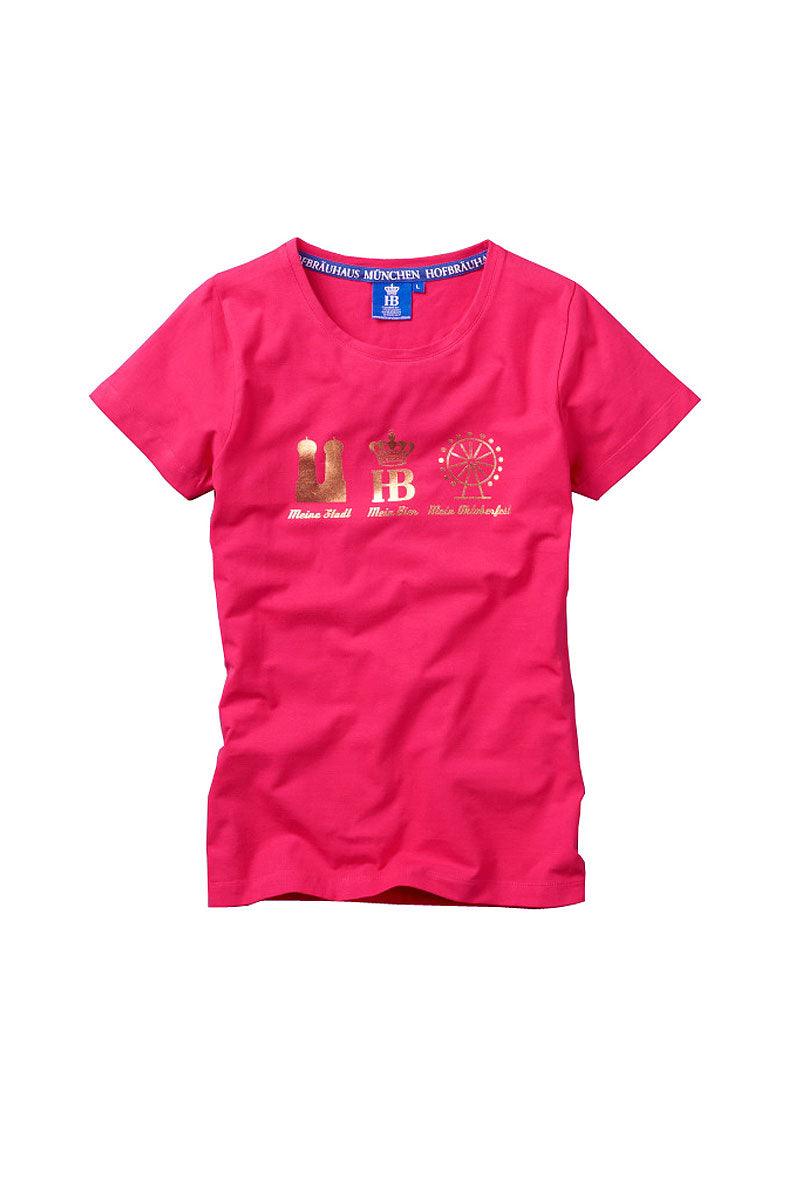 Tailliertes pinkes Damenshirt mit goldfarbenem Foliendruck "Mein Oktoberfest", aus Baumwoll-Polyester-Mix.