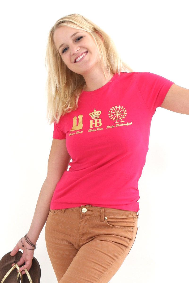 Tailliertes Damen-T-Shirt in Pink mit goldfarbenem Foliendruck „Mein Oktoberfest“, aus Baumwollmischung.