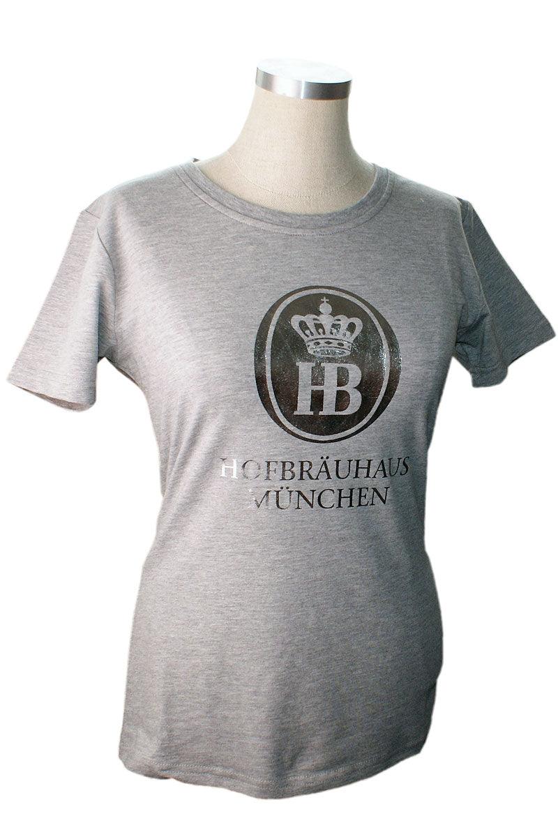 Graues Damenshirt mit silberglänzendem HB-Logo und Krone, aus Baumwolle, kurzärmelig, rundhals.