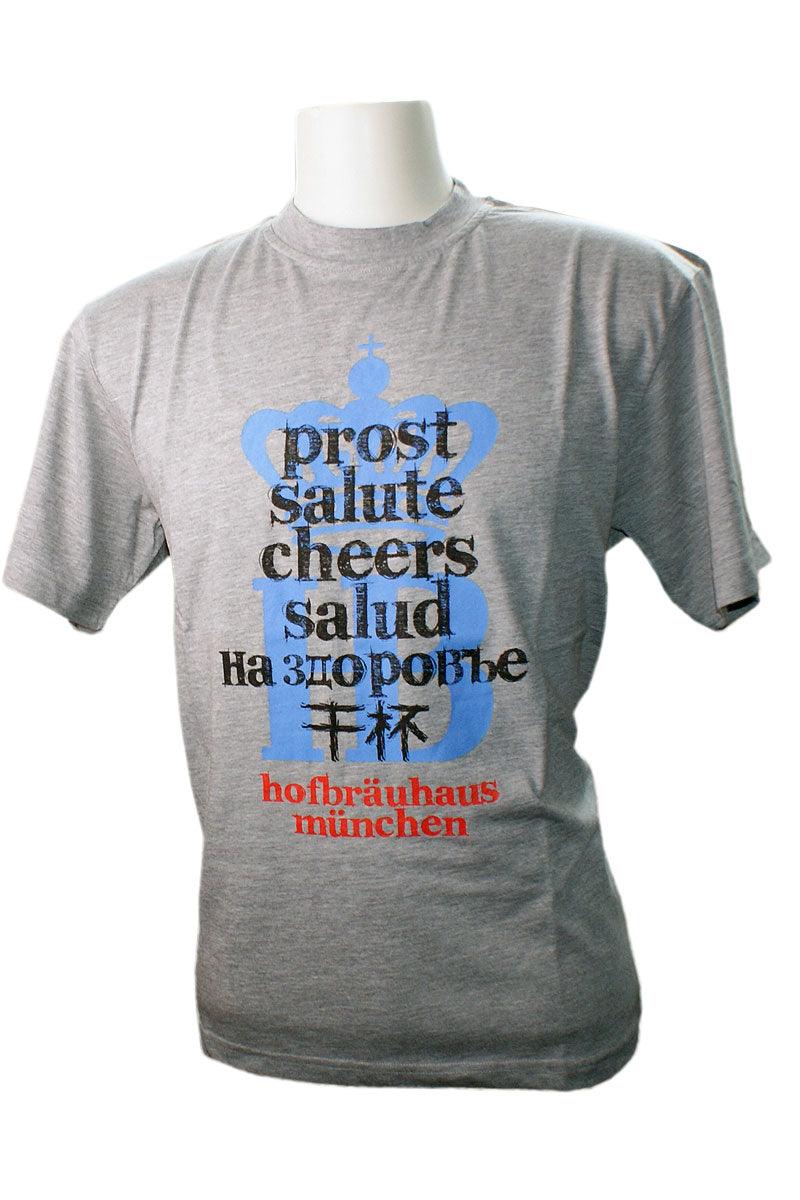 Dunkelblaues T-Shirt mit mehrsprachigem "Prost"-Schriftzug in Weiß auf der Brust, aus Baumwolle gefertigt.