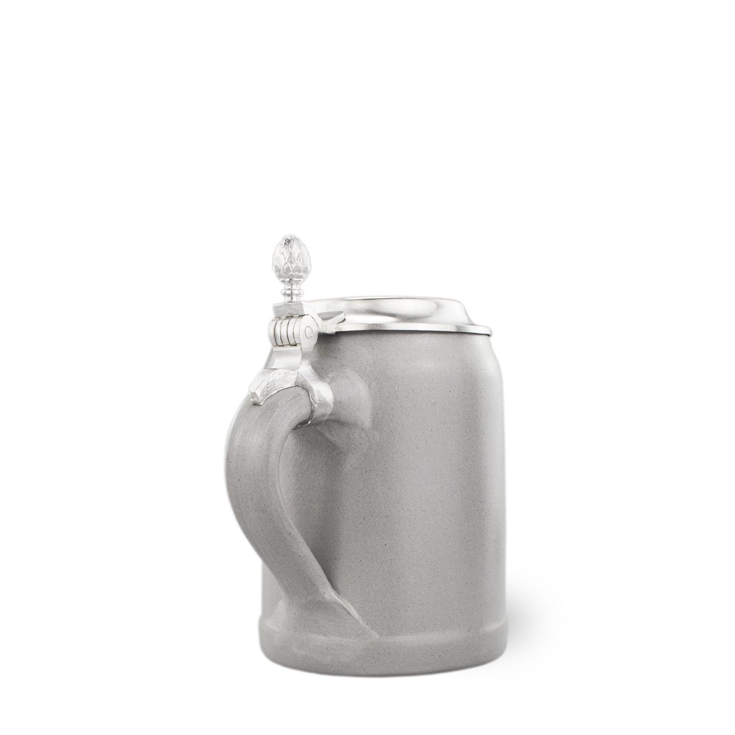 Grauer PREMIUM Bierkrug aus Keramik mit glattem Henkel und blankem Zinndeckel, schlichter Stil.
