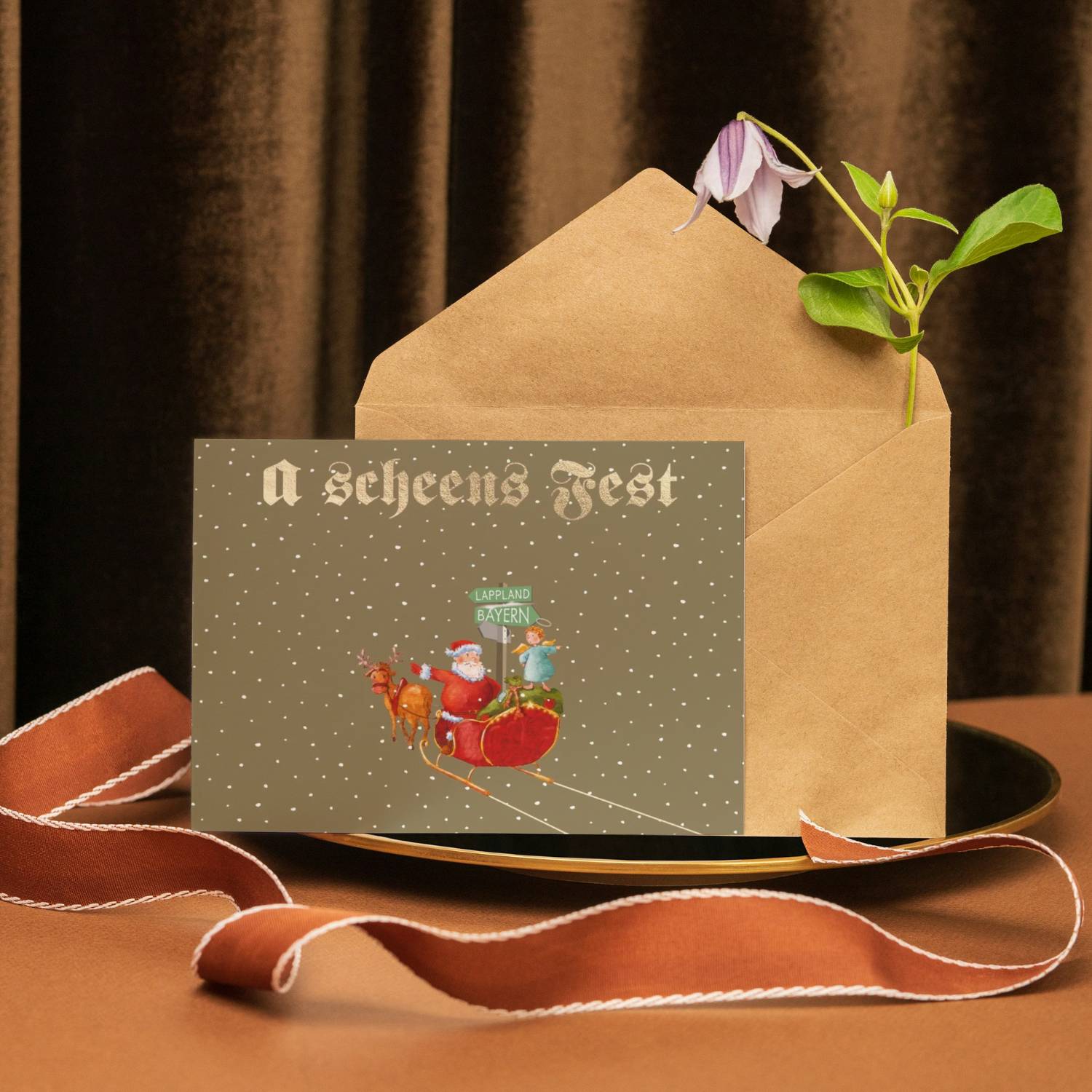 Glückwunschkarte "a scheens Fest- Nikolaus auf Schlitten"