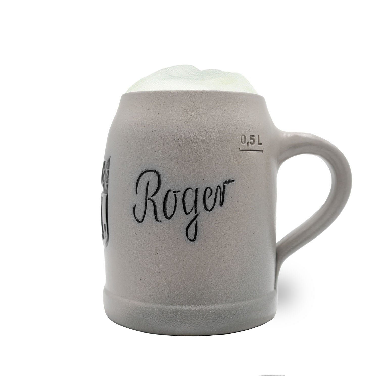 Handgefertigter Steinkrug mit NFL Shield-Logo, gerader Form, Zinndeckel optional, personalisierbar, 0,5 Liter.