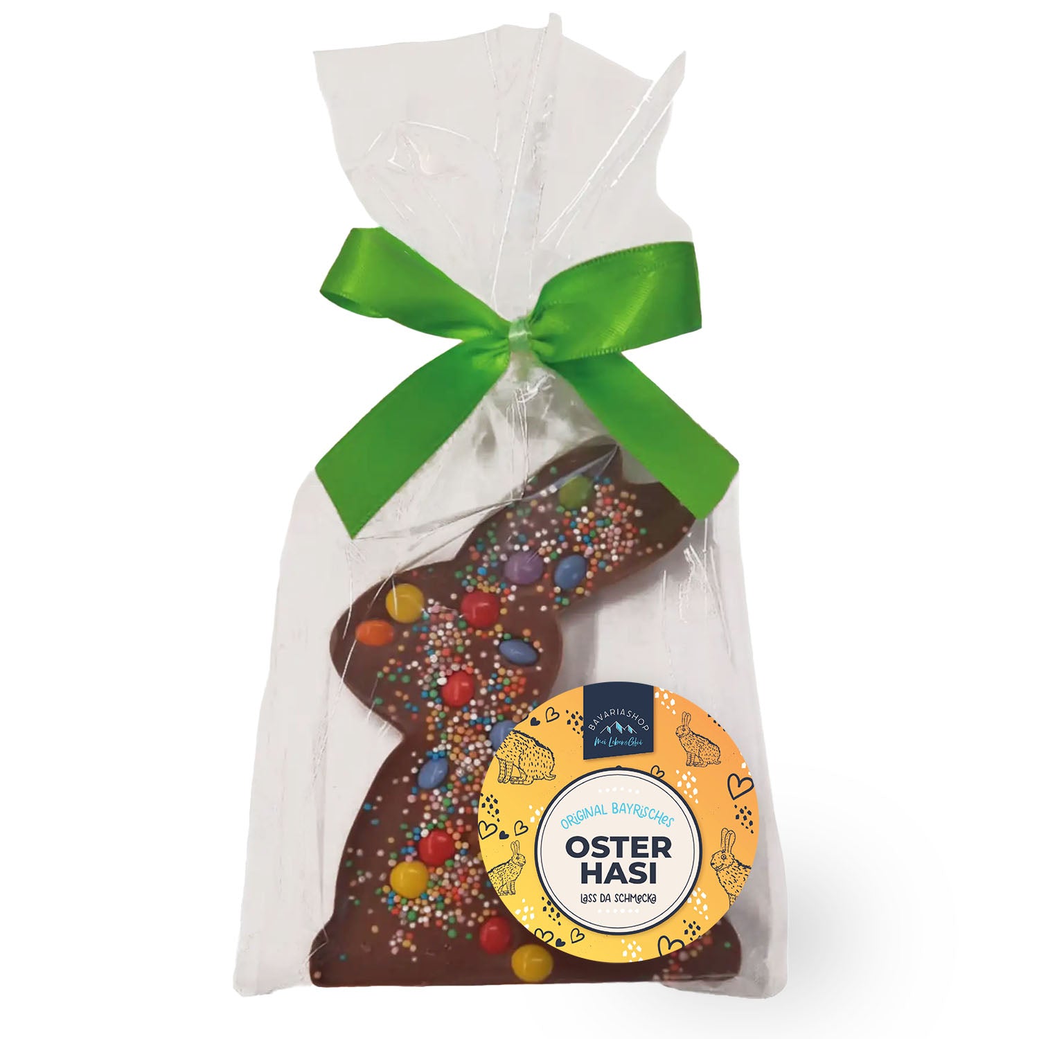 Relief-Schokoladentafel in Hasenform aus Vollmilchschokolade mit bunten Schokolinsen und Zuckerstreuseln, 80 g.