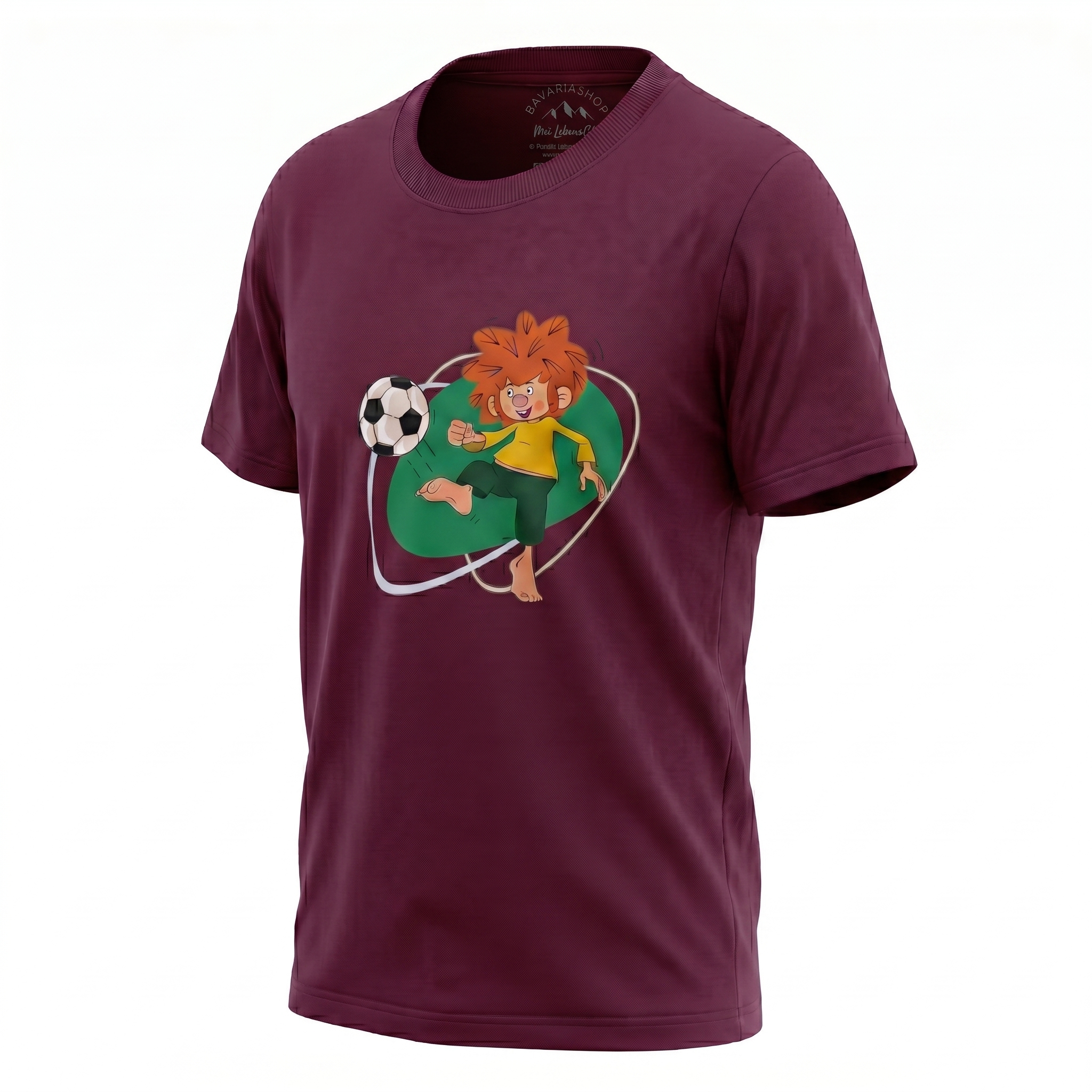 Pumuckl Kinder T-Shirt, bordeauxrot, mit Pumuckl Fußball Motiv und schwarzem Fußball