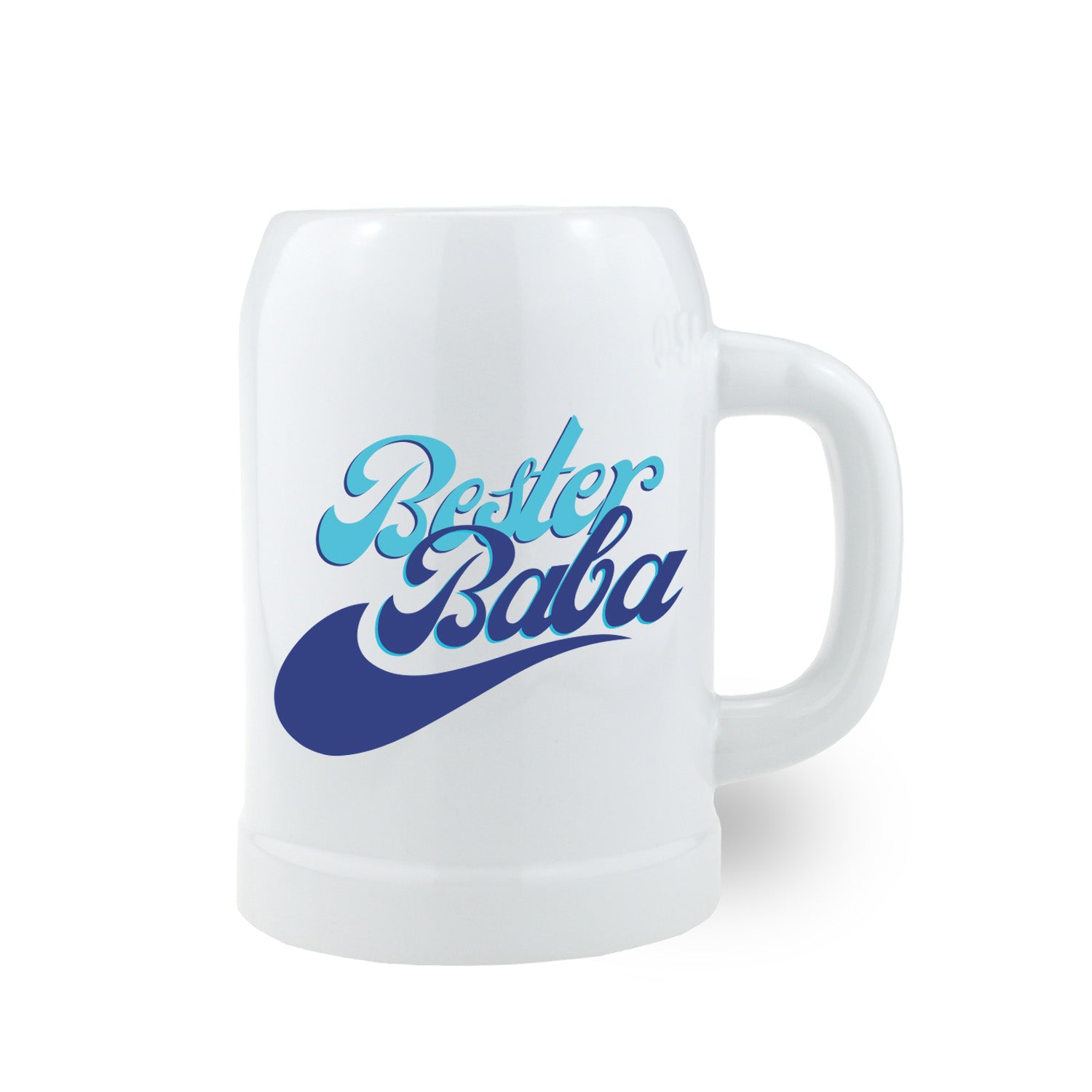 Weißer Bierkrug mit blauem Retro-Schriftzug „Bester Baba“ im typischen 80er-Jahre-Design, ideales Geschenk zum Vatertag für den besten Papa.