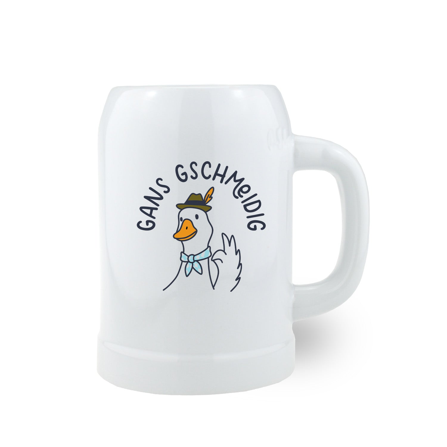Weißer Bierkrug mit lustiger Gans im bayerischen Trachtenhut, Aufschrift „Gans gschmeidig“ und Option zur Personalisierung mit eigenem Wunschnamen – ideales Geschenk zum Vatertag für Papa.