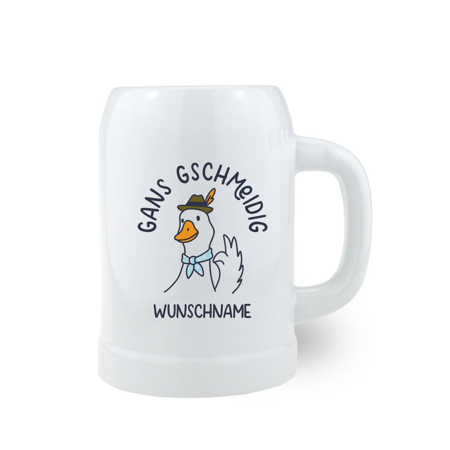 Weißer Bierkrug mit lustiger Gans im bayerischen Trachtenhut, Aufschrift „Gans gschmeidig“ und Option zur Personalisierung mit eigenem Wunschnamen – ideales Geschenk zum Vatertag für Papa.