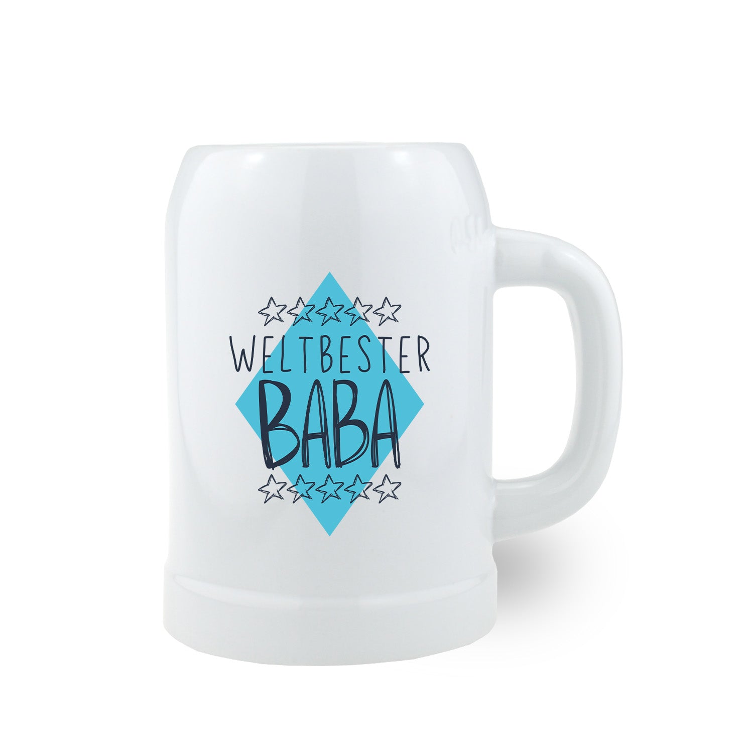 Weißer Bierkrug mit blauem Design und Sternen, beschriftet mit „Weltbester Baba“ – perfektes Geschenk zum Vatertag für jeden Papa.