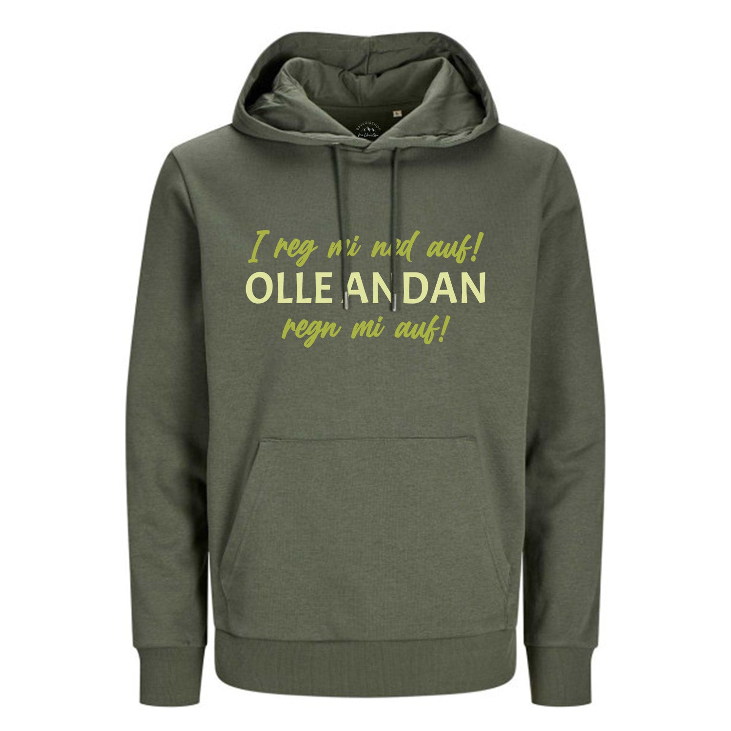 Grüner Hoodie "I reg mi ned auf..." mit Spruch, Kapuze und Kängurutasche für Damen und Herren.