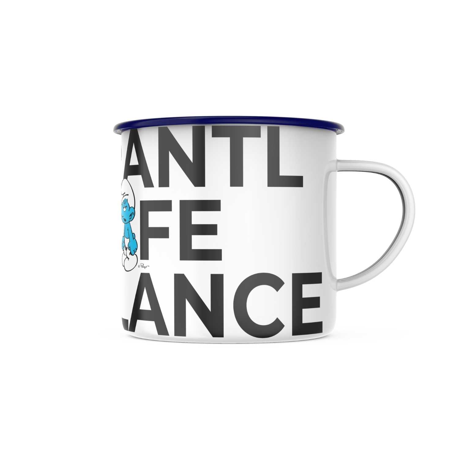Emailletasse mit blauem Rand, Schlumpf-Motiv und „Grantl life balance“-Schriftzug, Fassungsvermögen ca. 330 ml.