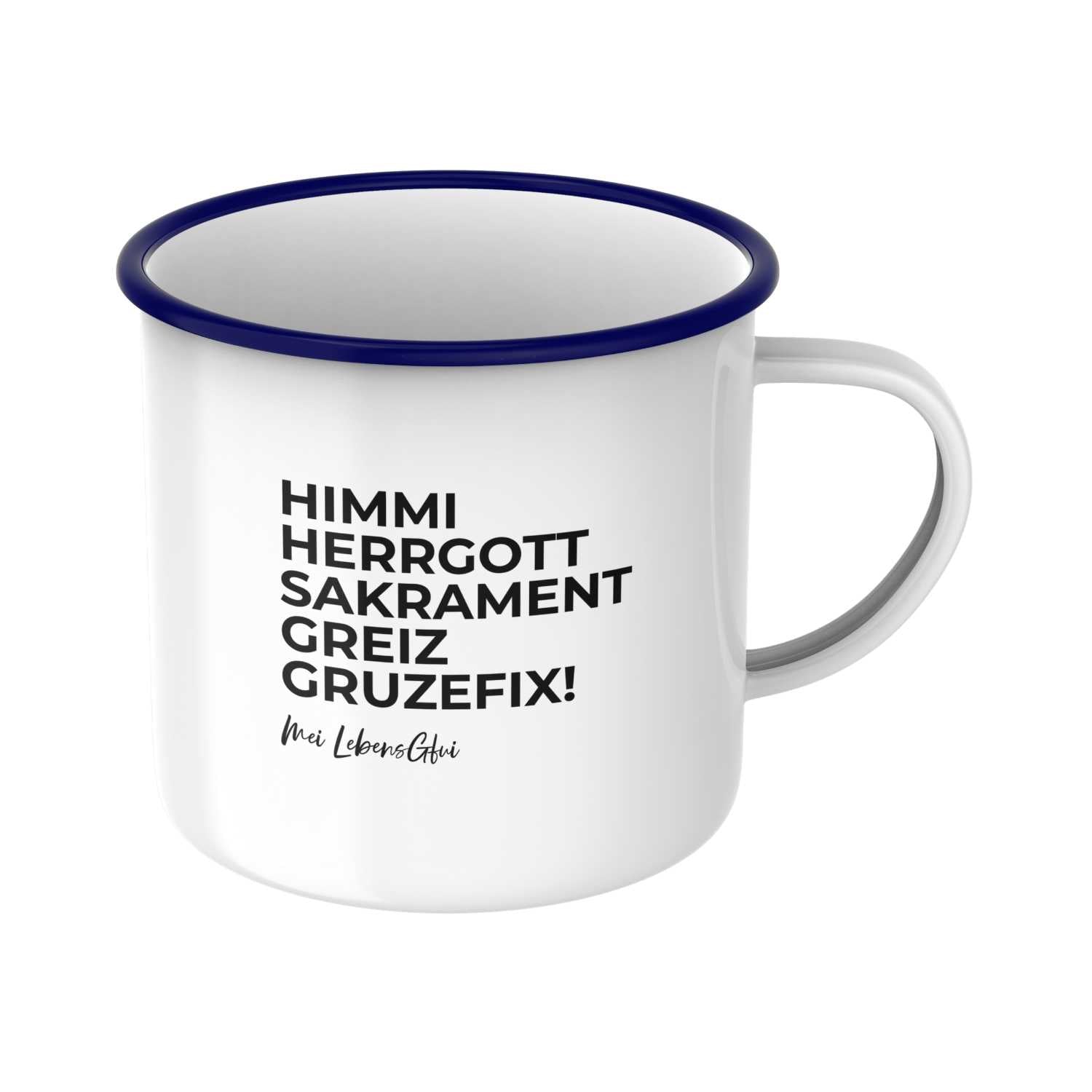 Emailletasse mit blauem Rand und Schlumpf-Motiv, Schriftzug „Himme Herrgott“, Fassungsvermögen ca. 330 ml.