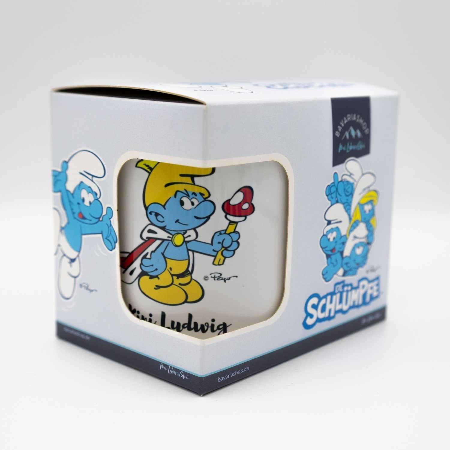 Emaille-Tasse mit Schlumpf-Motiv "Kini", weiß mit blauem Rand, offiziell lizenziert, Fassungsvermögen ca. 330 ml