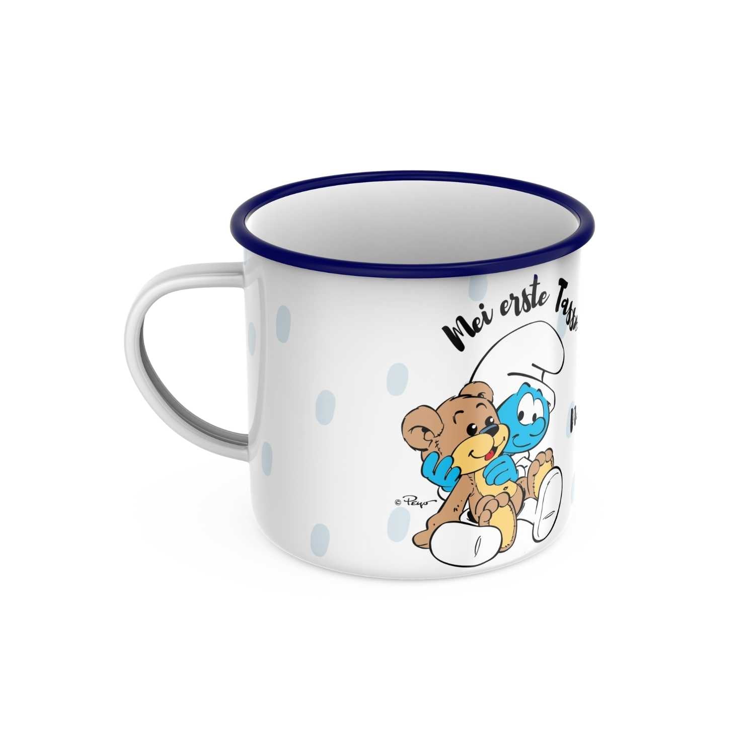 Emaille-Tasse mit Schlumpf-Motiv, blauem Rand und dem Schriftzug "Mei erste Tassn", aus Metall, ca. 330 ml.