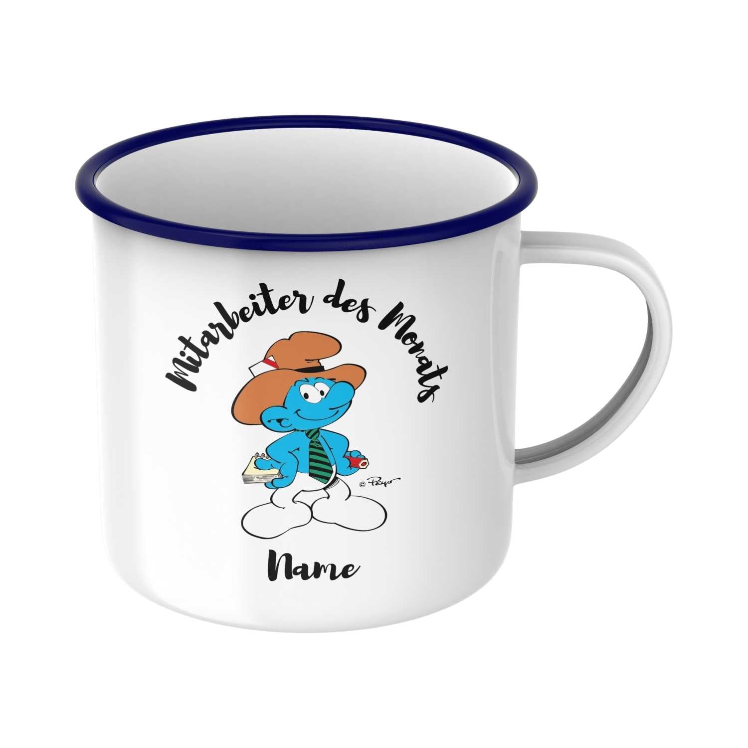 Weiße Emaille-Tasse mit blauem Rand, Schlumpf-Motiv und Schriftzug „Mitarbeiter des Monats“, ca. 330 ml.