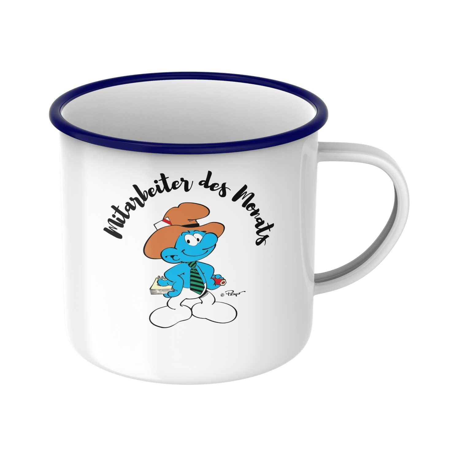 Weiße Emailletasse mit blauem Rand und Schlumpf-Motiv, Schriftzug „Mitarbeiter des Monats“, Füllmenge 330 ml.