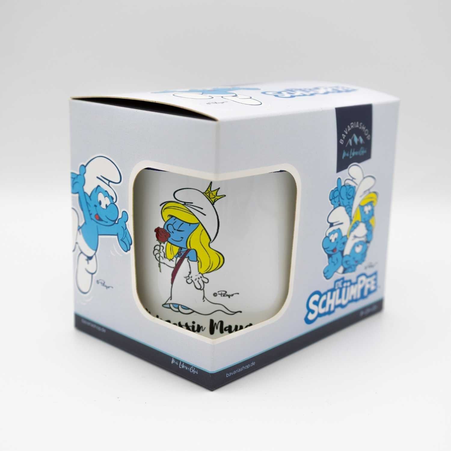 Emaille-Tasse mit Prinzessinnen-Schlumpf-Motiv und schwarzem Schriftzug, blauer Rand, ca. 330 ml, Ø 8 cm x H 8 cm