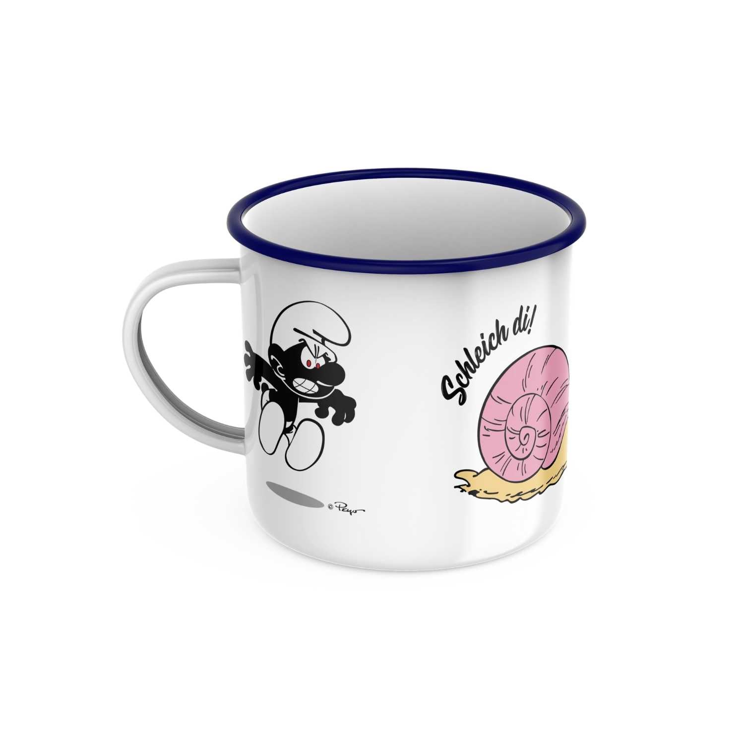 Emailletasse mit blauem Rand und Schlumpf-Motiv, rund, weiß, mit Schriftzug „Schleich di“, ca. 330 ml, Ø 8 cm.