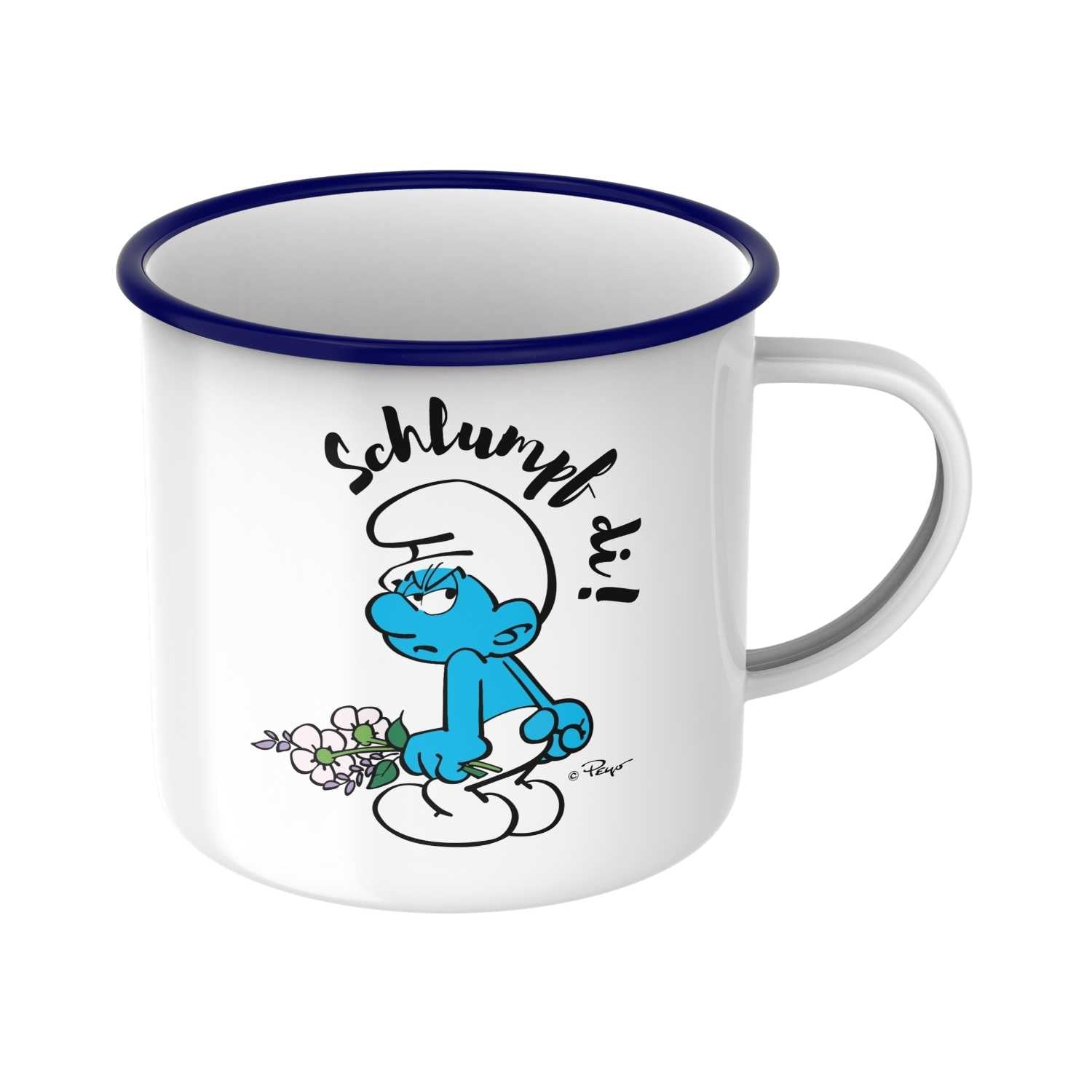 Weiße Emaille-Tasse mit blauem Rand, „Schlumpf di!“ Schriftzug und Schlumpf-Motiv; Fassungsvermögen ca. 330 ml.